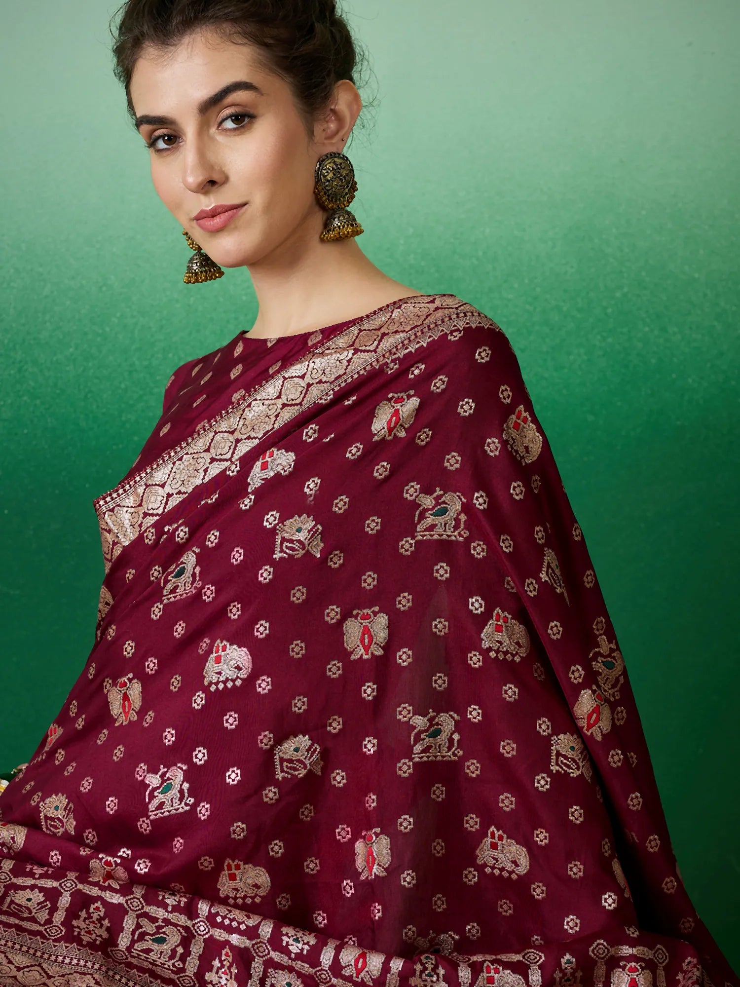 Wine Polyester Saree: Designer Sarees India & Ethnic Style