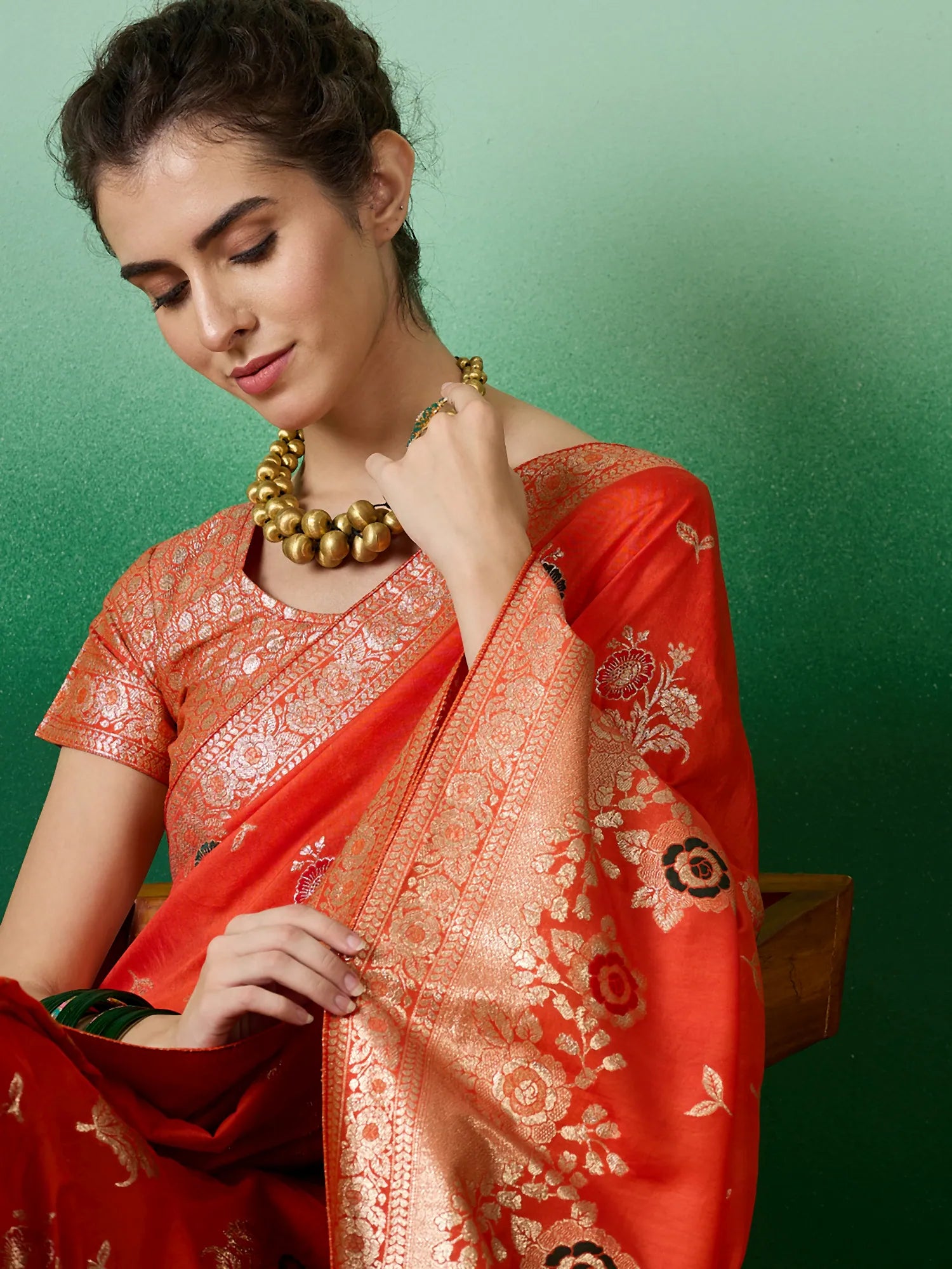 Orange Woven Design Indian Sari - Polyester Saree