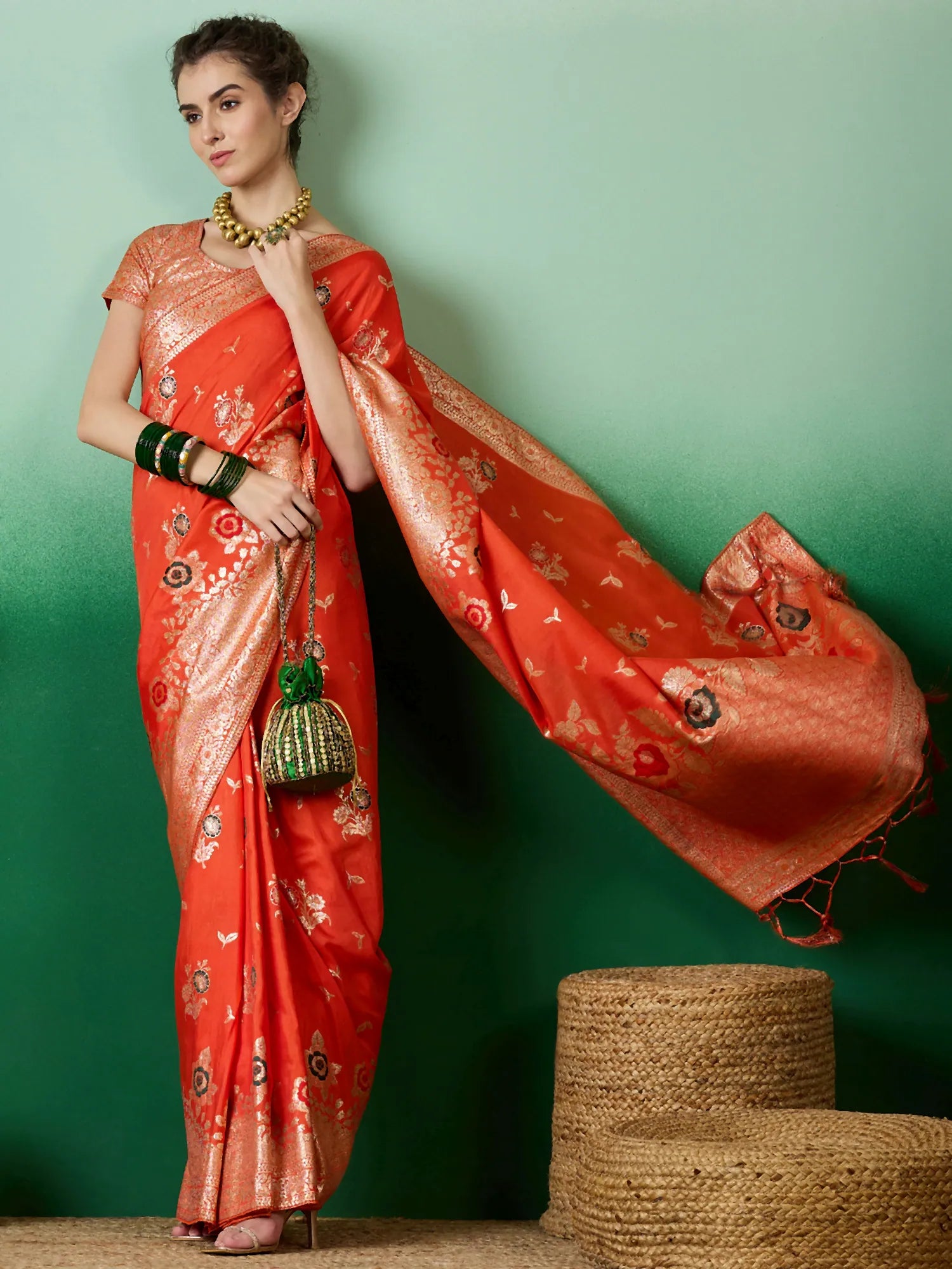 Orange Woven Design Indian Sari - Polyester Saree