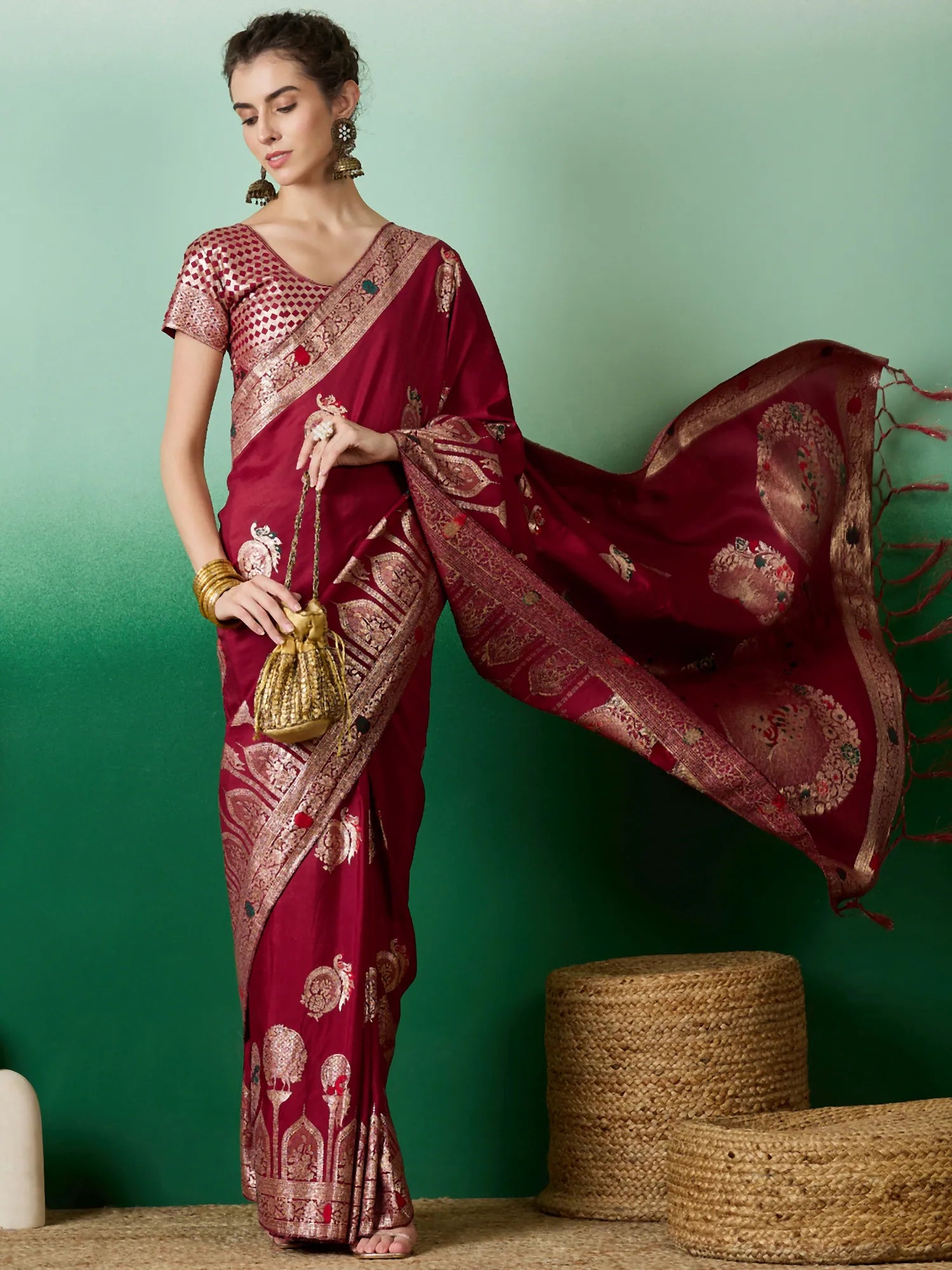 Red Polyester Saree: Woven Design | Indian Sari Style