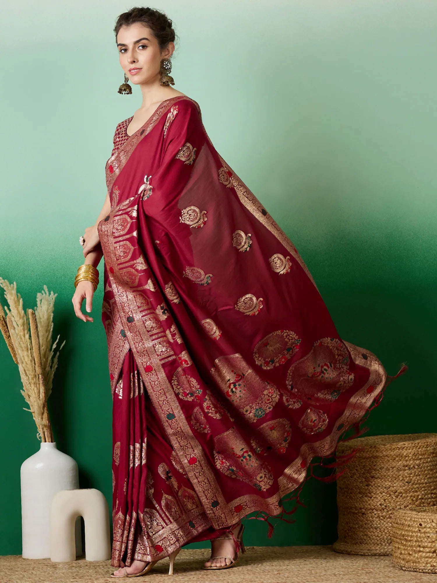 Red Polyester Saree: Woven Design | Indian Sari Style