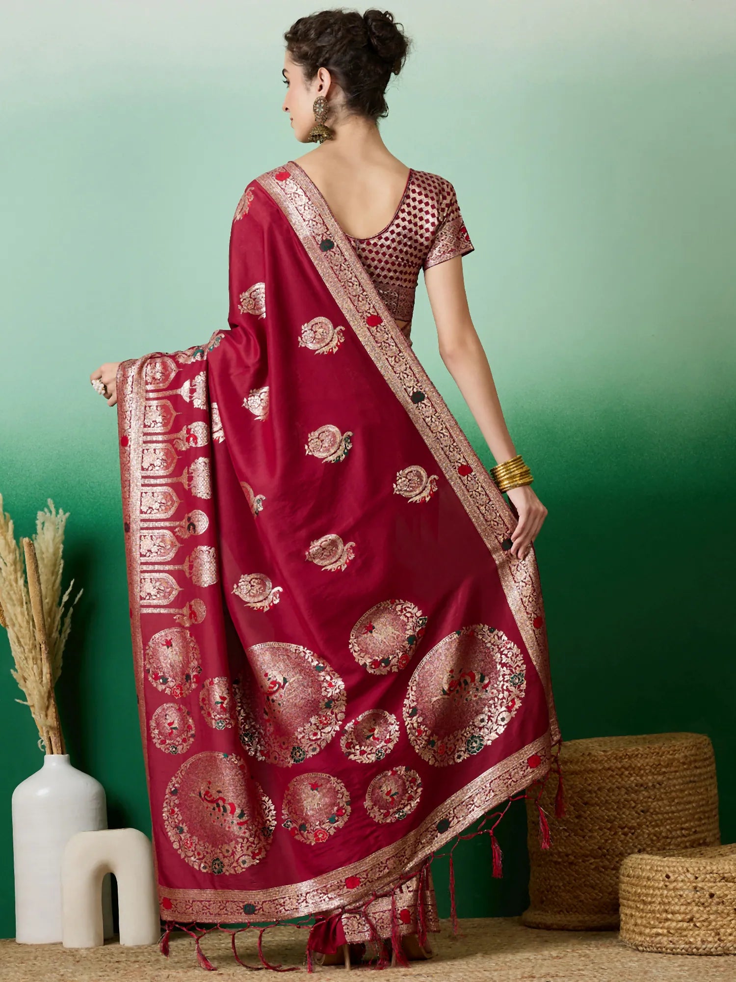 Red Polyester Saree: Woven Design | Indian Sari Style