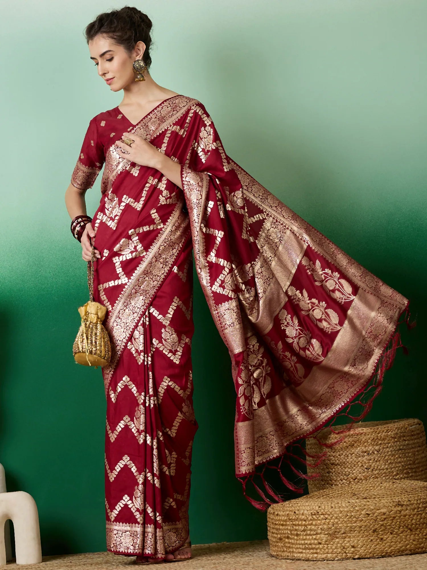 Maroon Polyester Indian Sari: Woven Design Saree