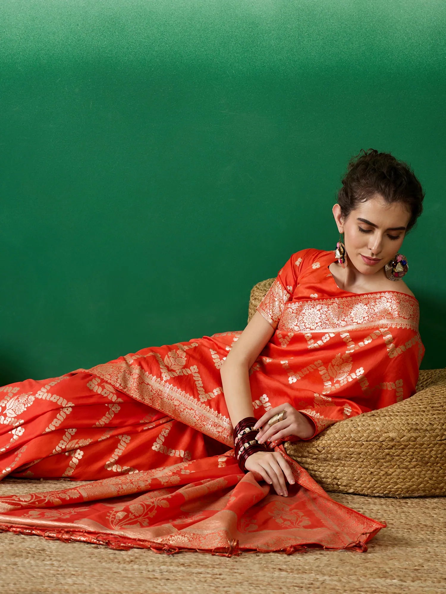 Orange Woven Design Indian Sari - Designer Sarees India