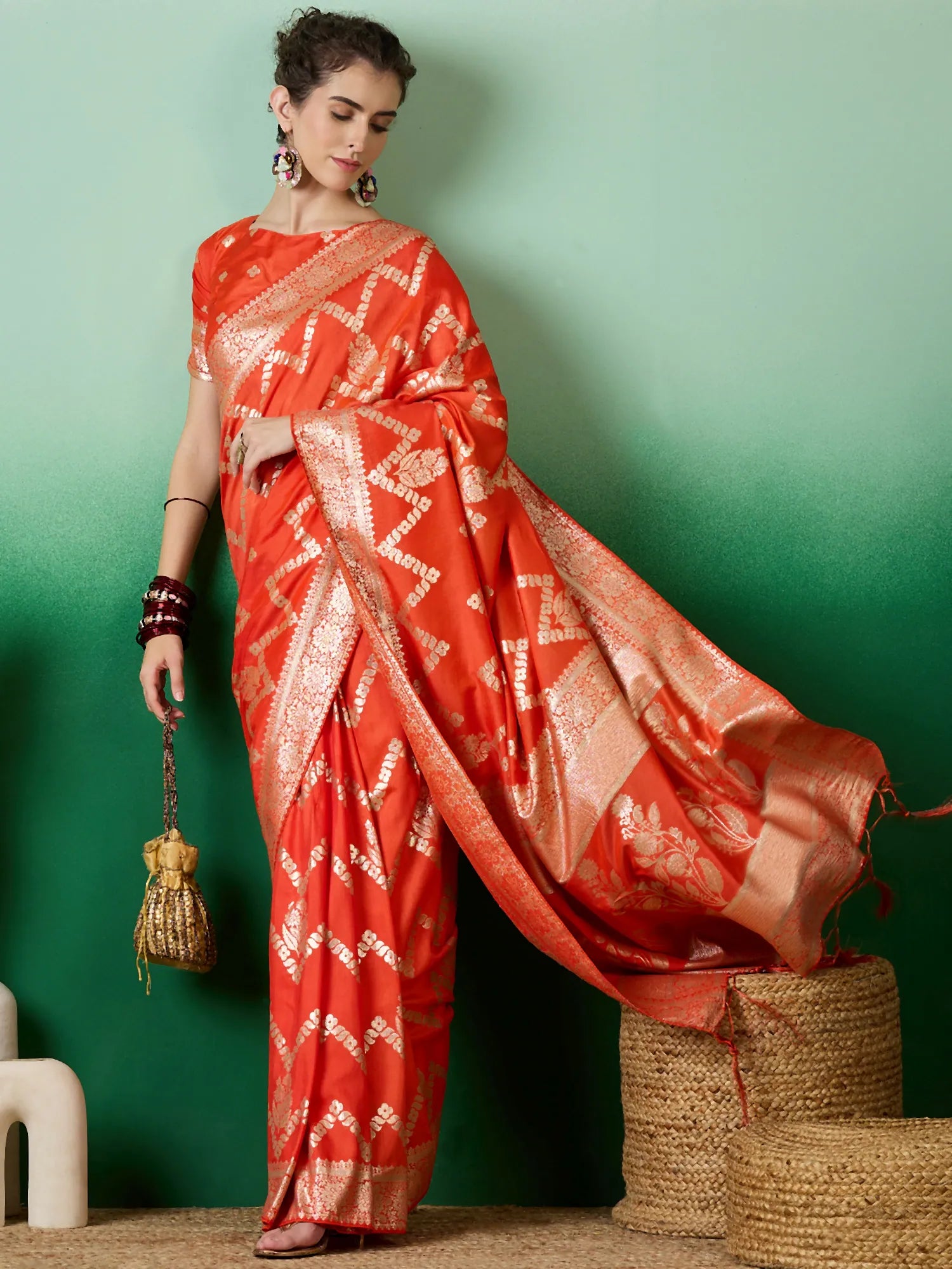 Orange Woven Design Indian Sari - Designer Sarees India
