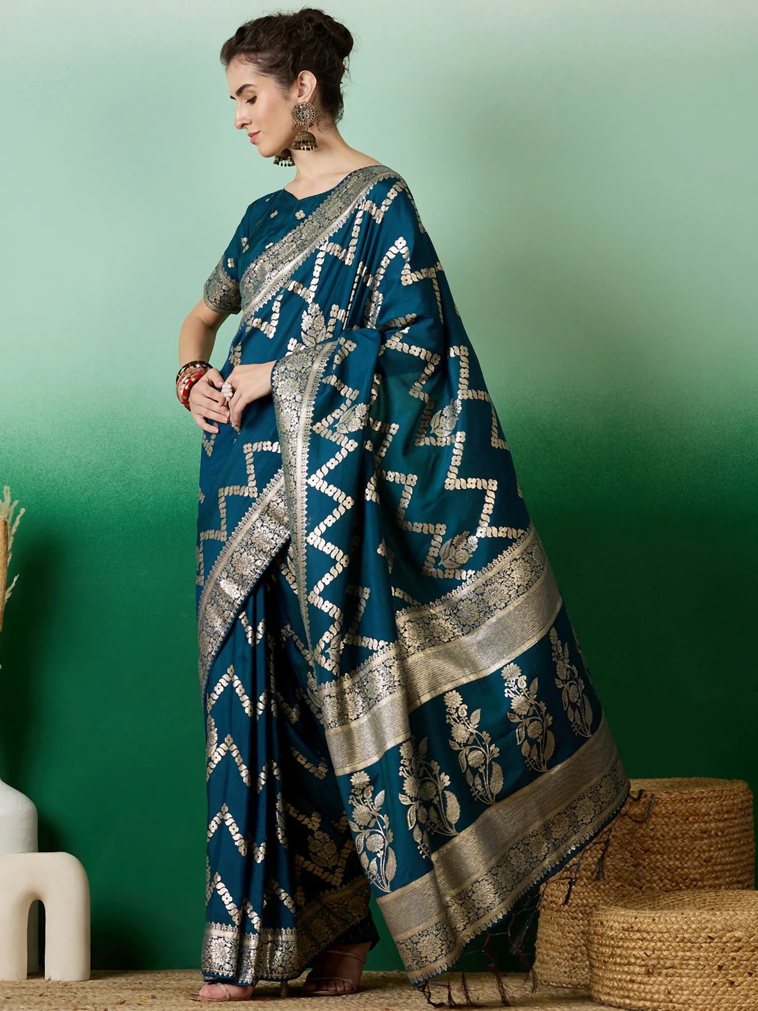 Teal Polyester Saree: Woven Design | Indian Sarees