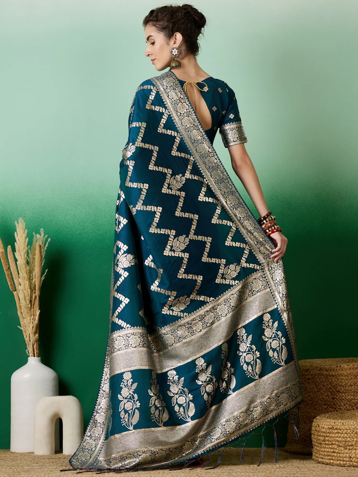 Teal Polyester Saree: Woven Design | Indian Sarees