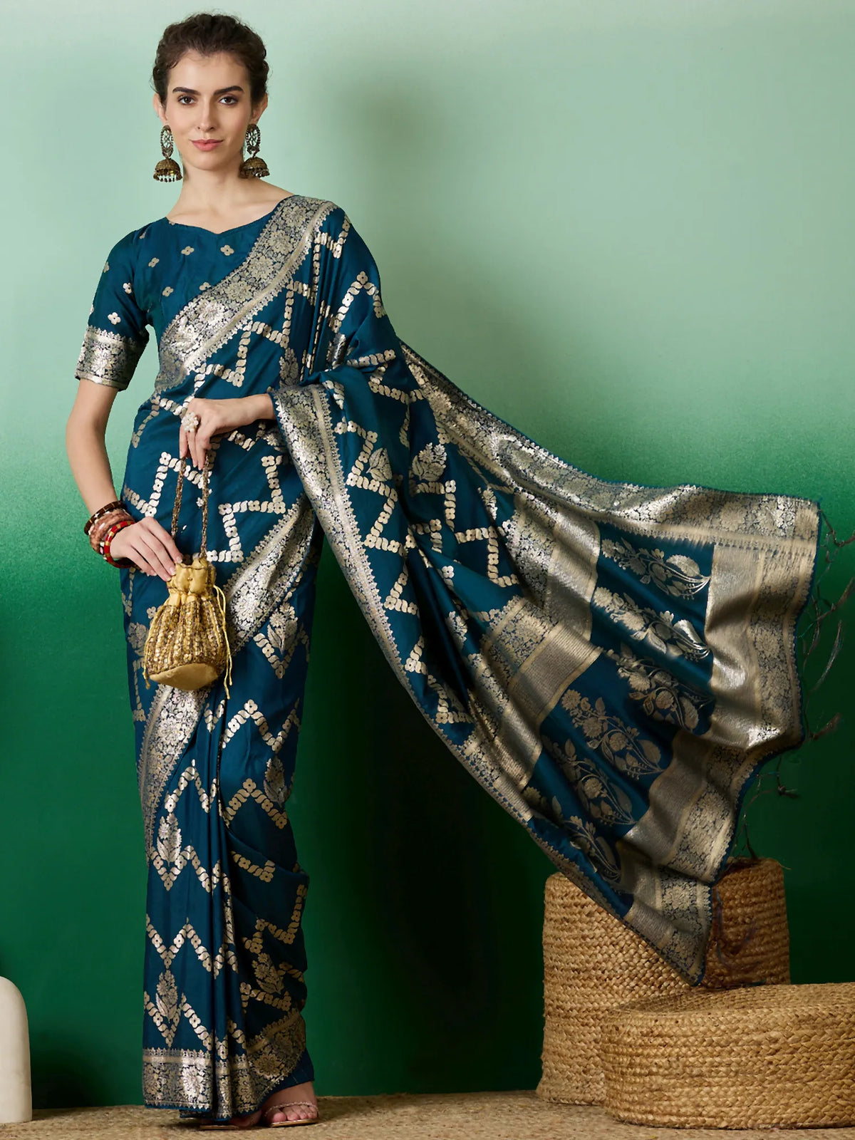 Womens Fashion Ethnic Teal Color Sarees-MLSHWSA1409TEL0ONE