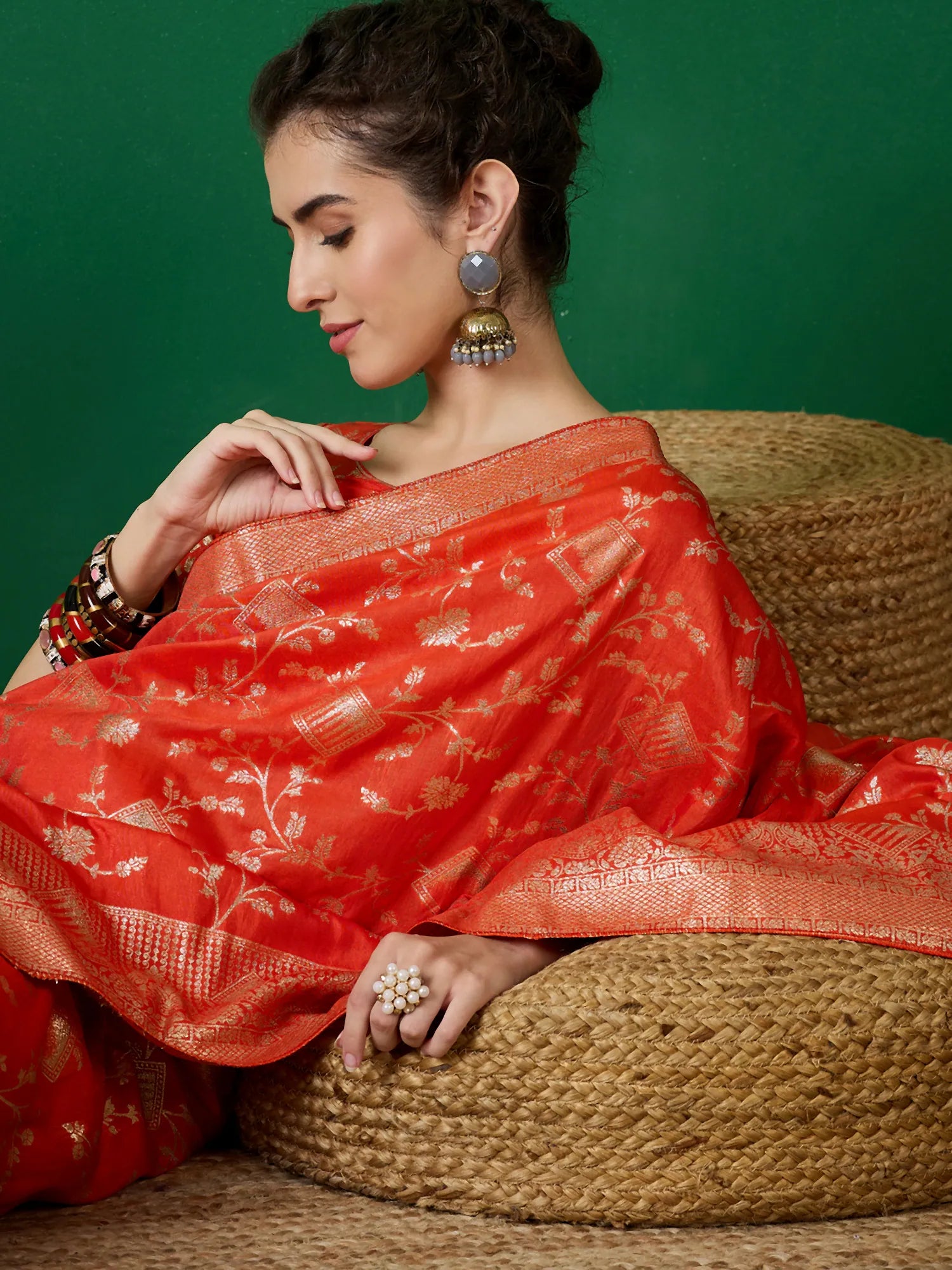 Orange Polyester Indian Sari - Woven Design Saree