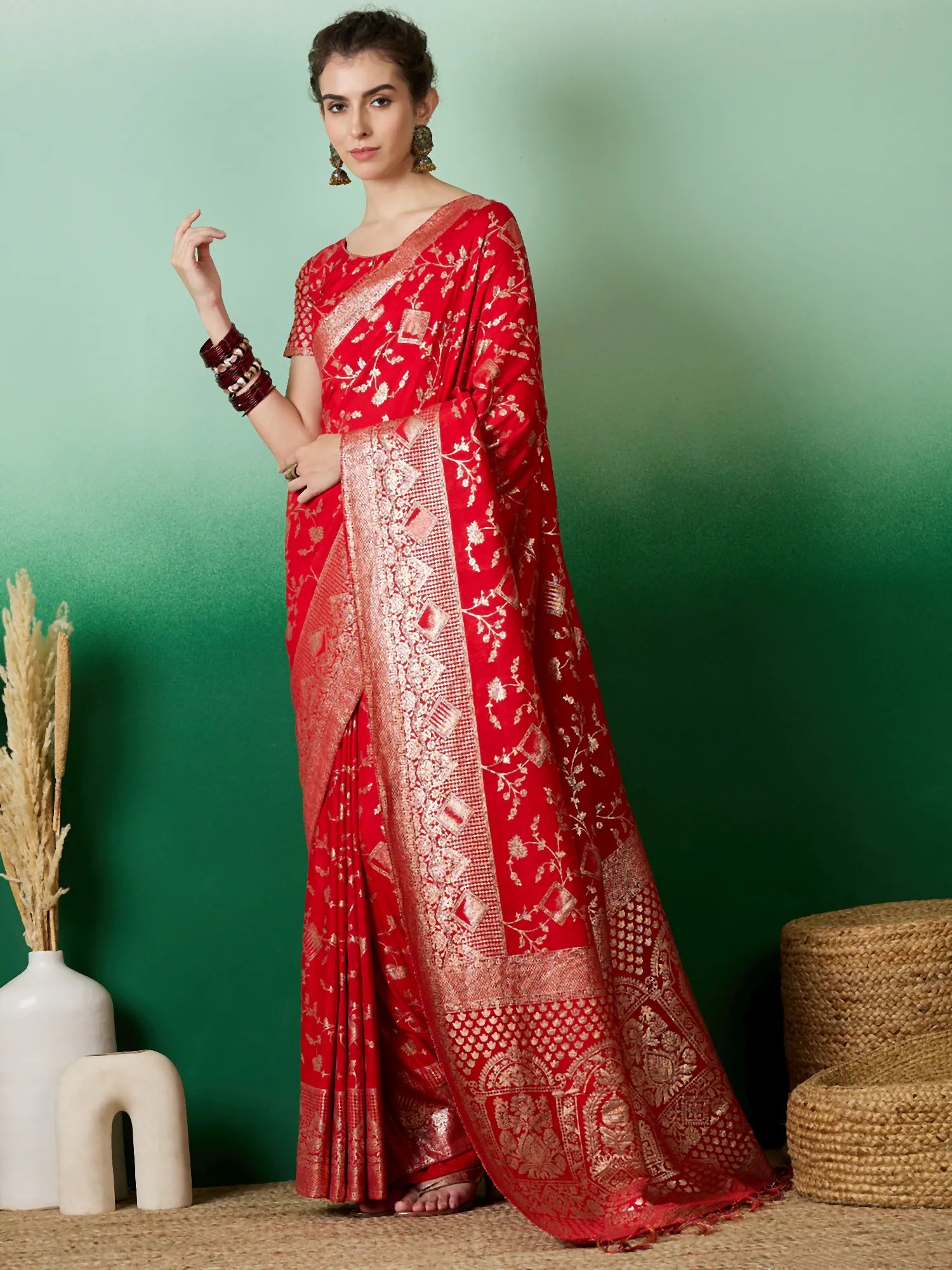 Red Polyester Indian Sari - Woven Design Saree