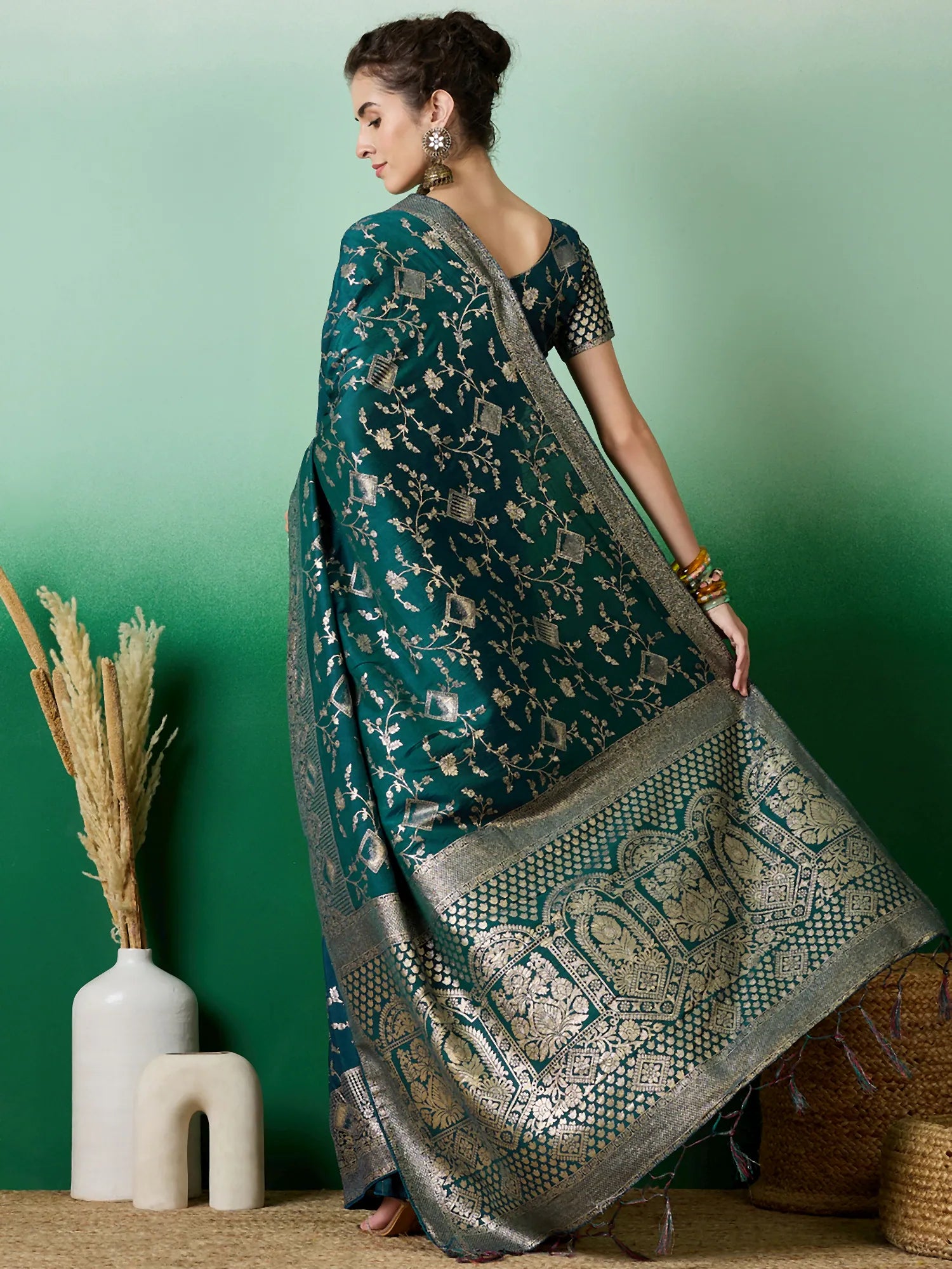 Teal Polyester Saree | Designer Sarees India