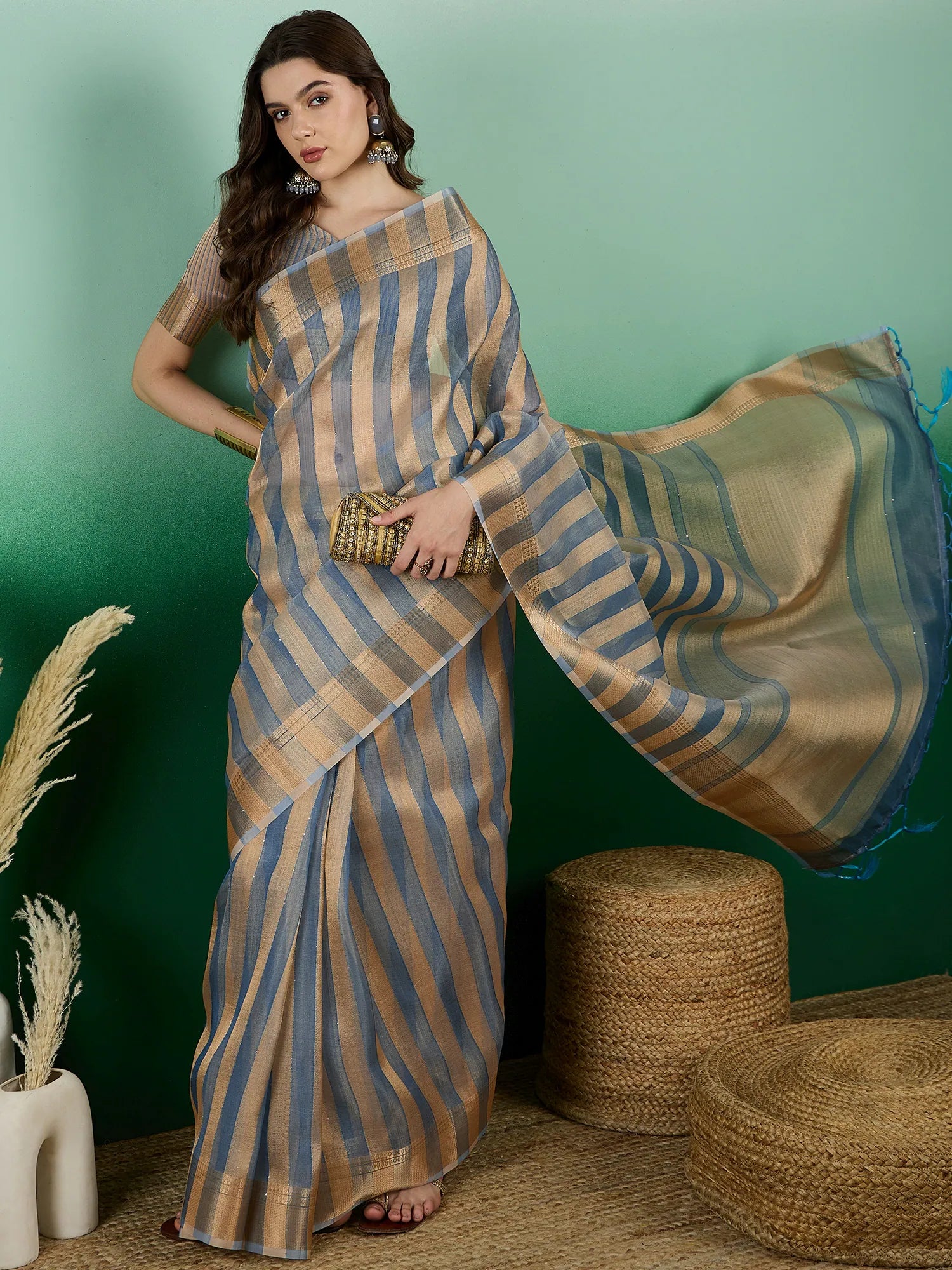 Teal Organza Saree: Indian Sari, Woven Design