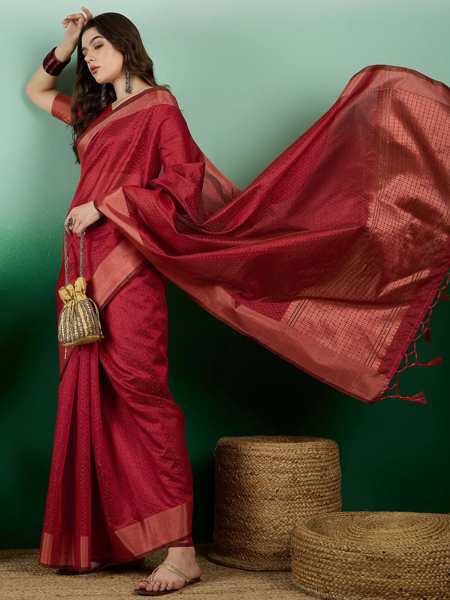 Red Organza Saree: Woven Design | Indian Wedding Sarees