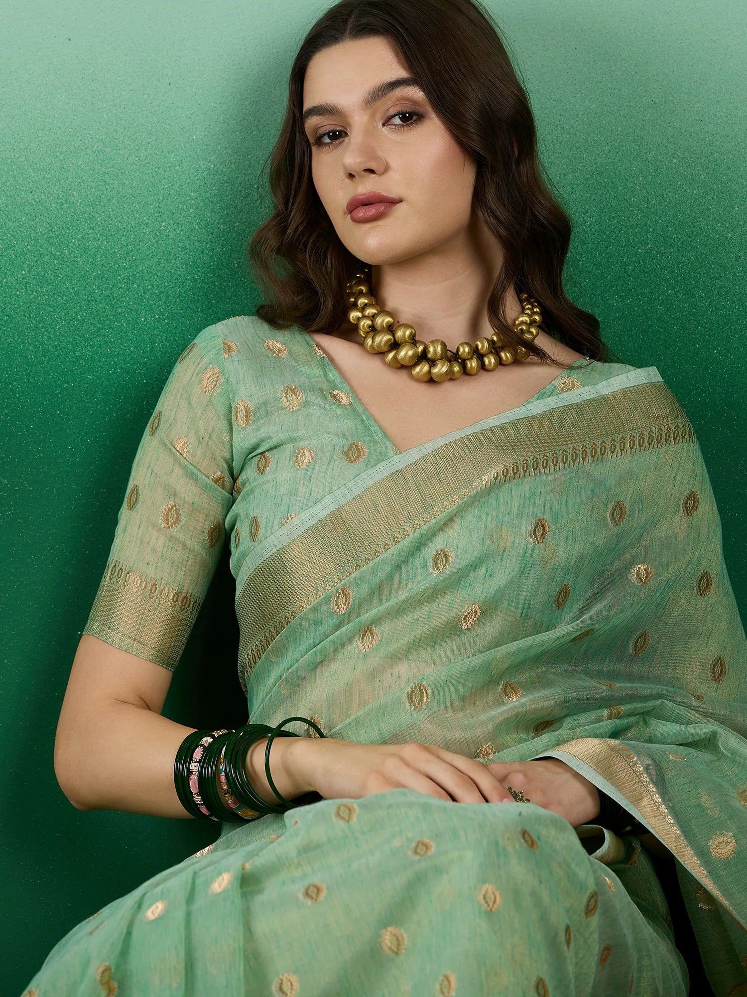 Green Organza Saree: Designer Sarees India - Woven Elegance