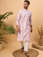 Ethnic Bay Men Lavender Silk Blend Solid Embroidered Straight Kurta With Pant Set-MKSET1447