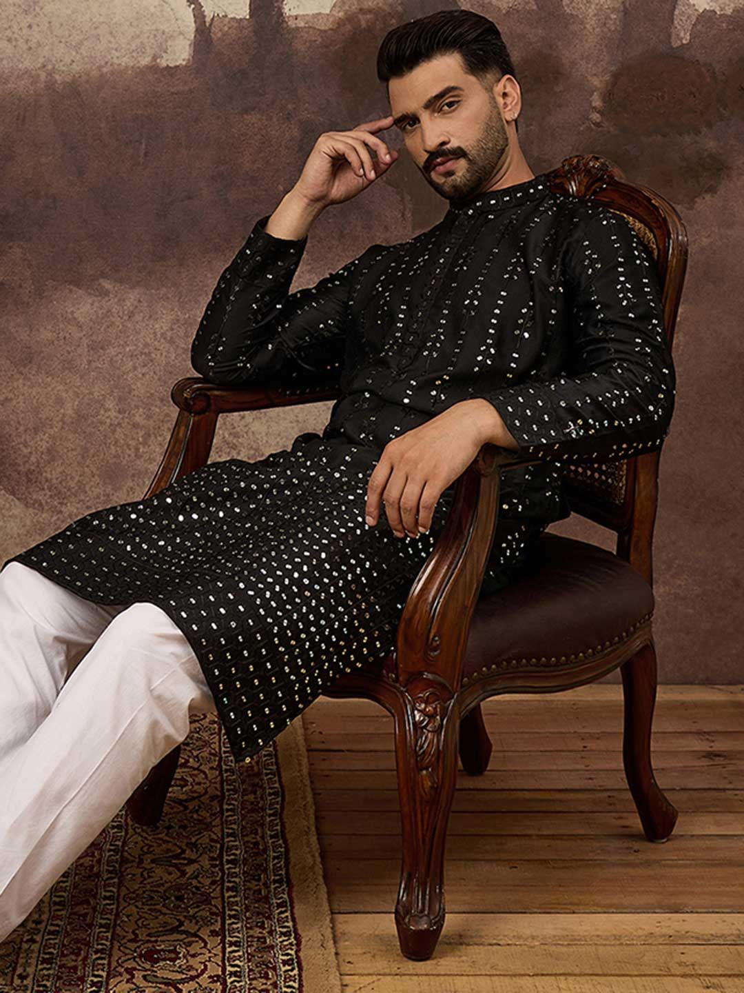 Ethnic Bay Men Black Silk Blend Solid Embroidered Straight Kurta With Pant Set-MKSET1360