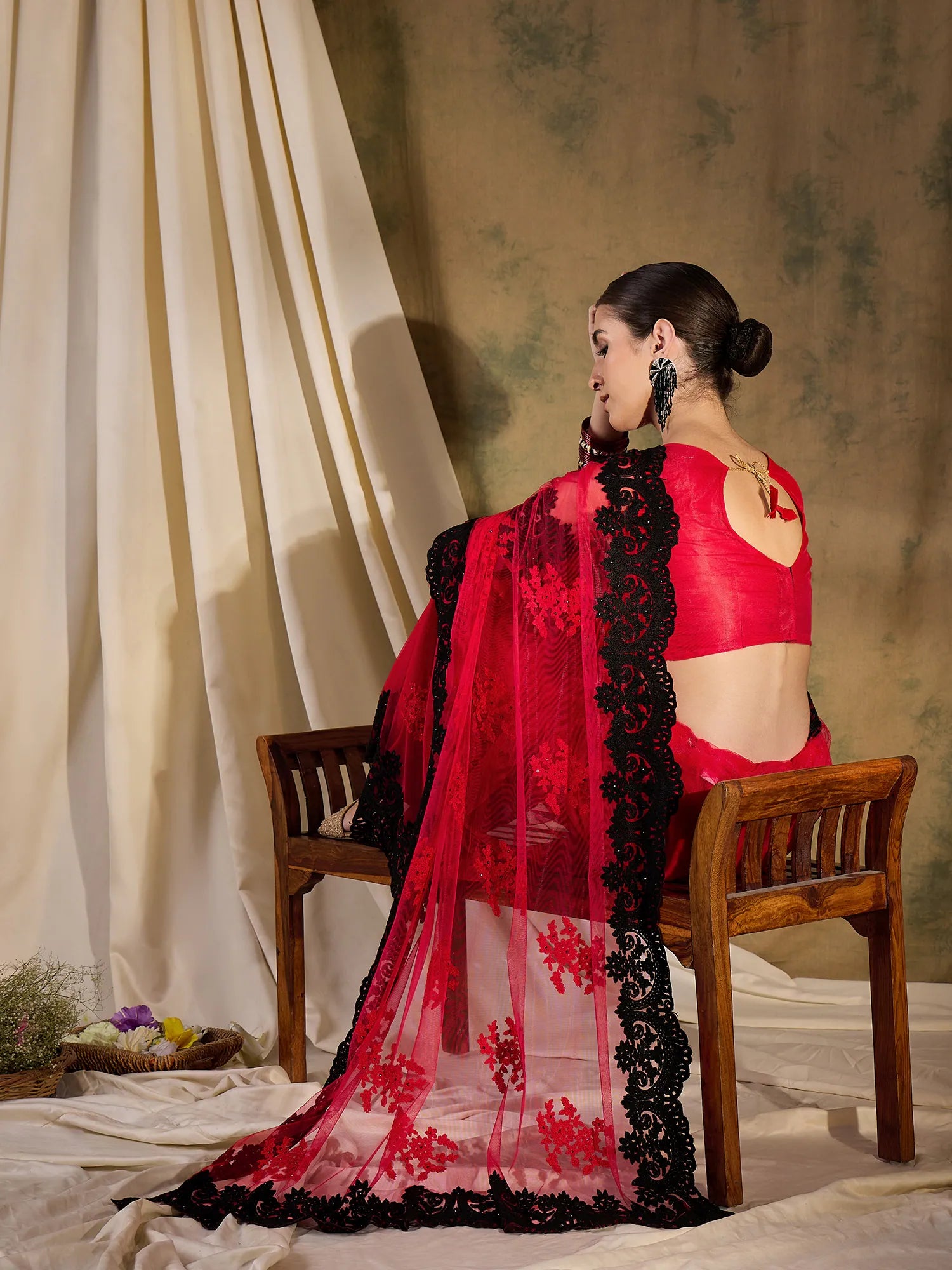 Red Embroidered Polyester Saree | Designer Sarees India