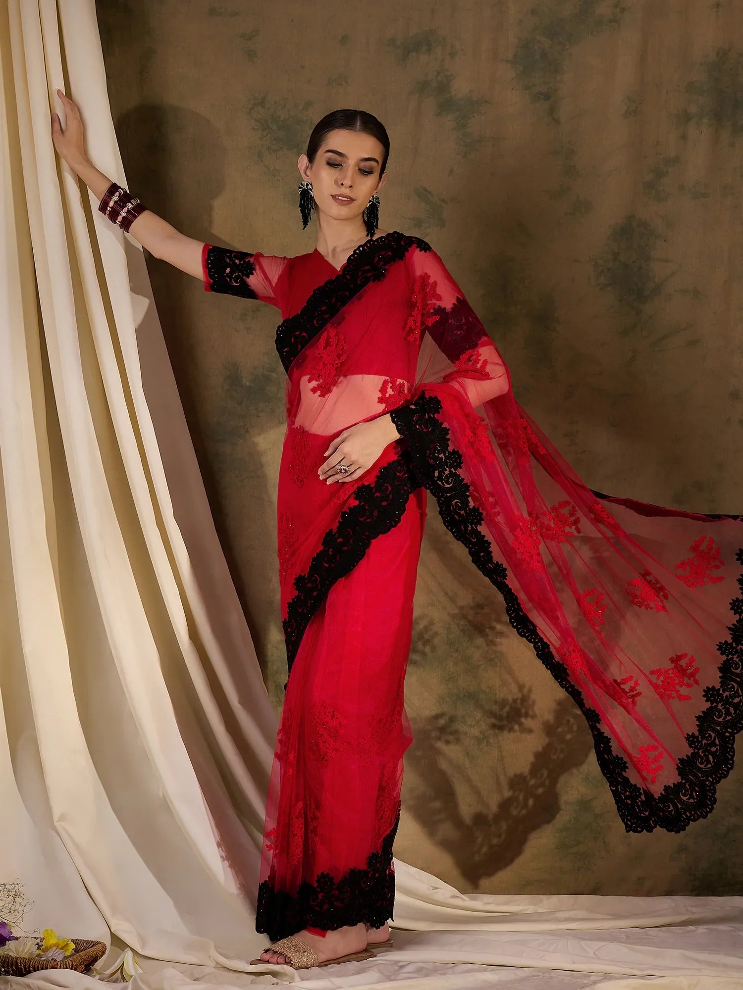 Red Embroidered Polyester Saree | Designer Sarees India