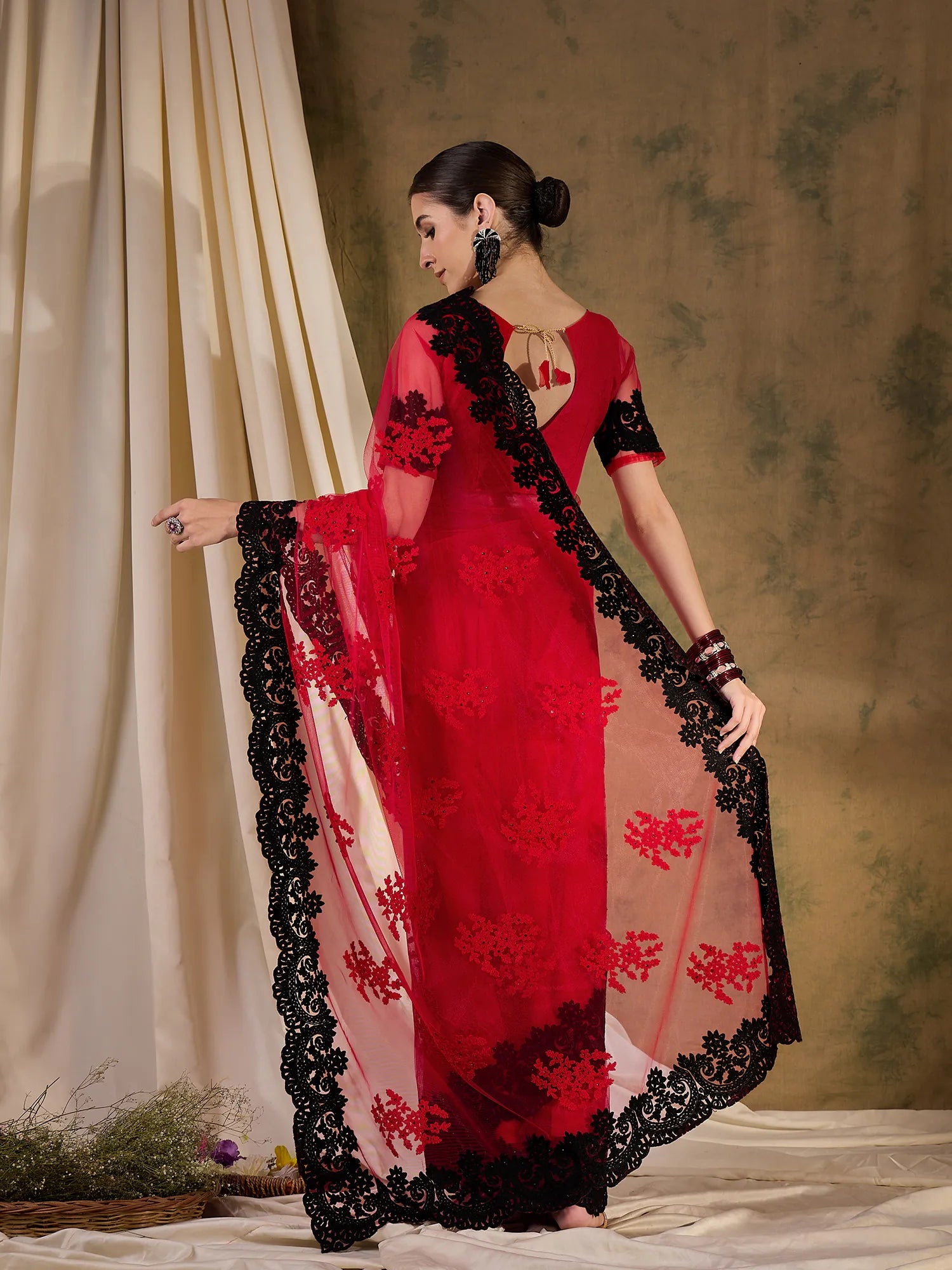 Red Embroidered Polyester Saree | Designer Sarees India