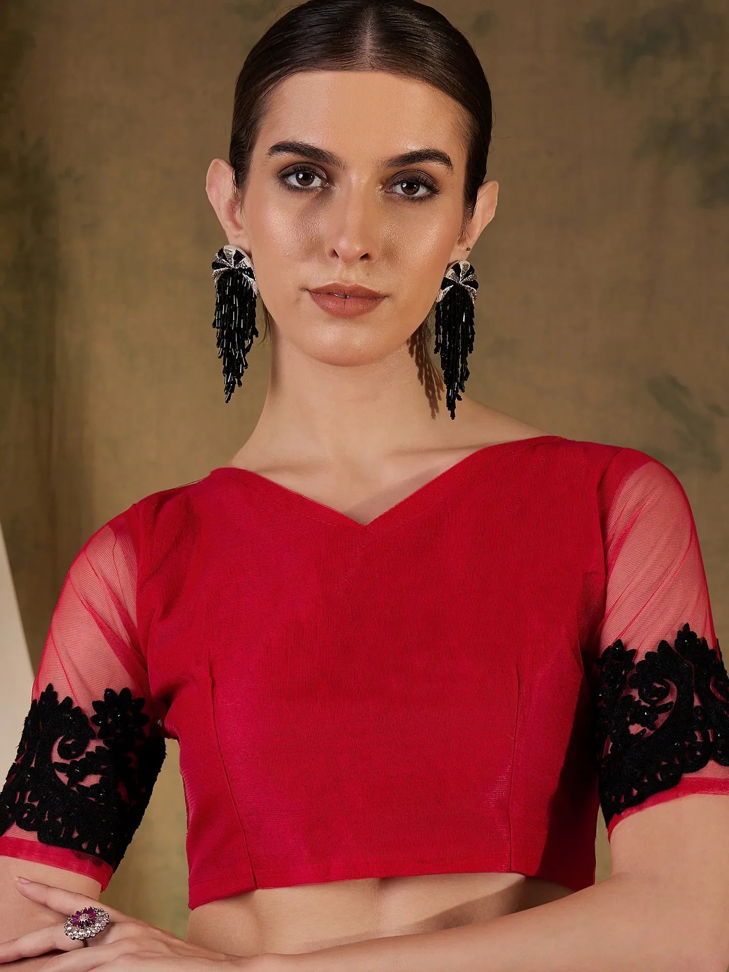Red Embroidered Polyester Saree | Designer Sarees India