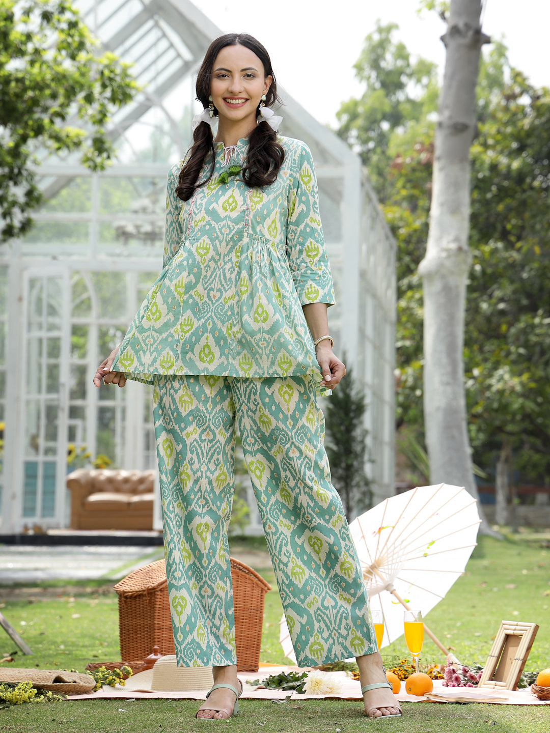 Women's Aqua Ikat Printed Cotton Co-Ord Set (CSAQUAOKIL) | DesiQlo