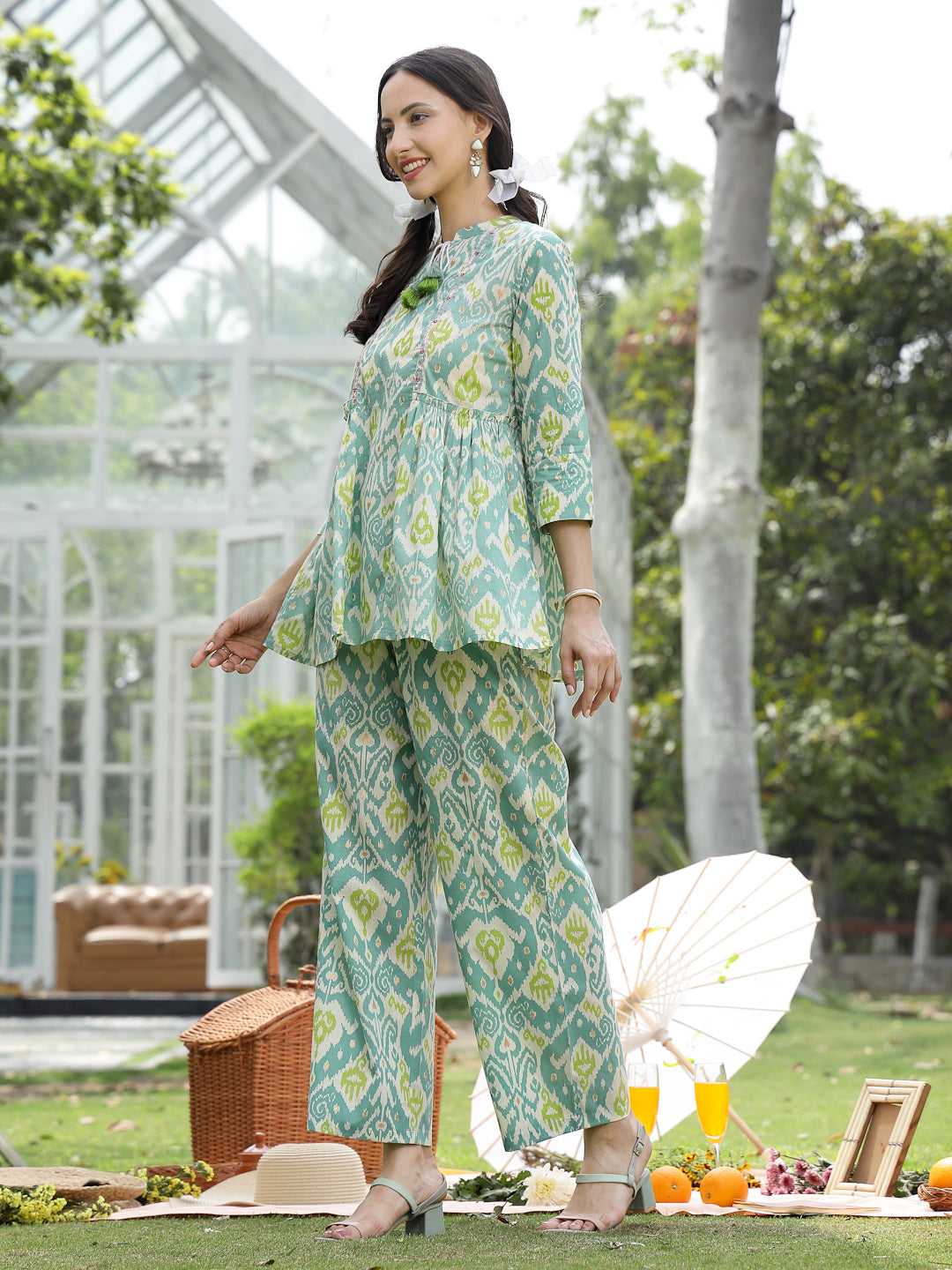 Women's Aqua Ikat Printed Cotton Co-Ord Set (CSAQUAOKIL) | DesiQlo