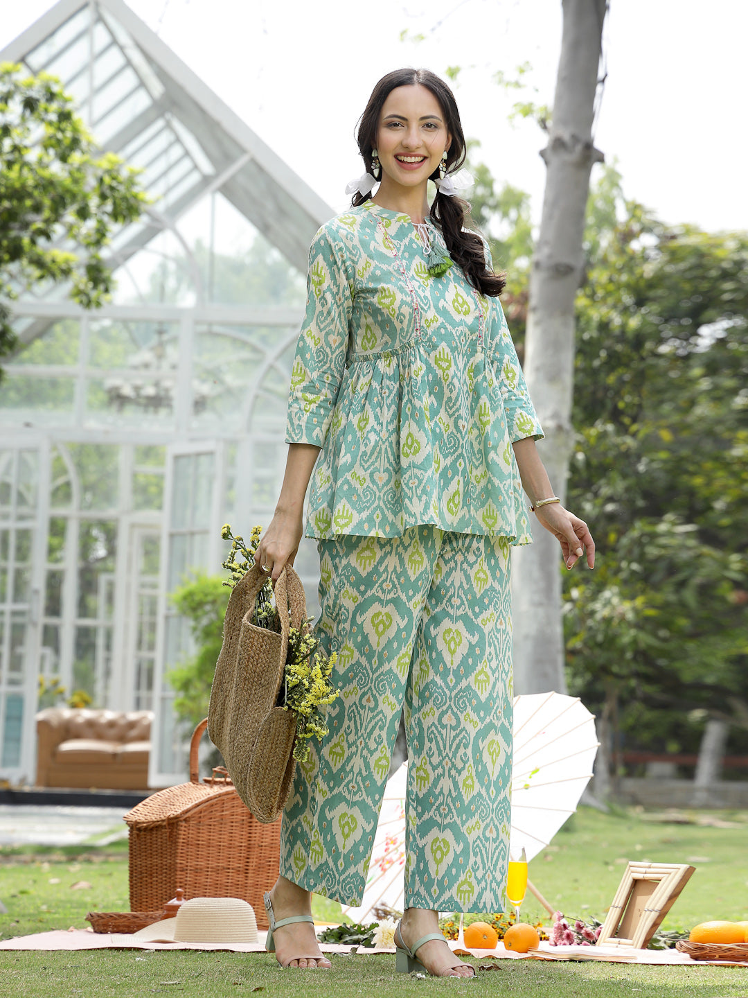 Women's Aqua Ikat Printed Cotton Co-Ord Set (CSAQUAOKIL) | DesiQlo