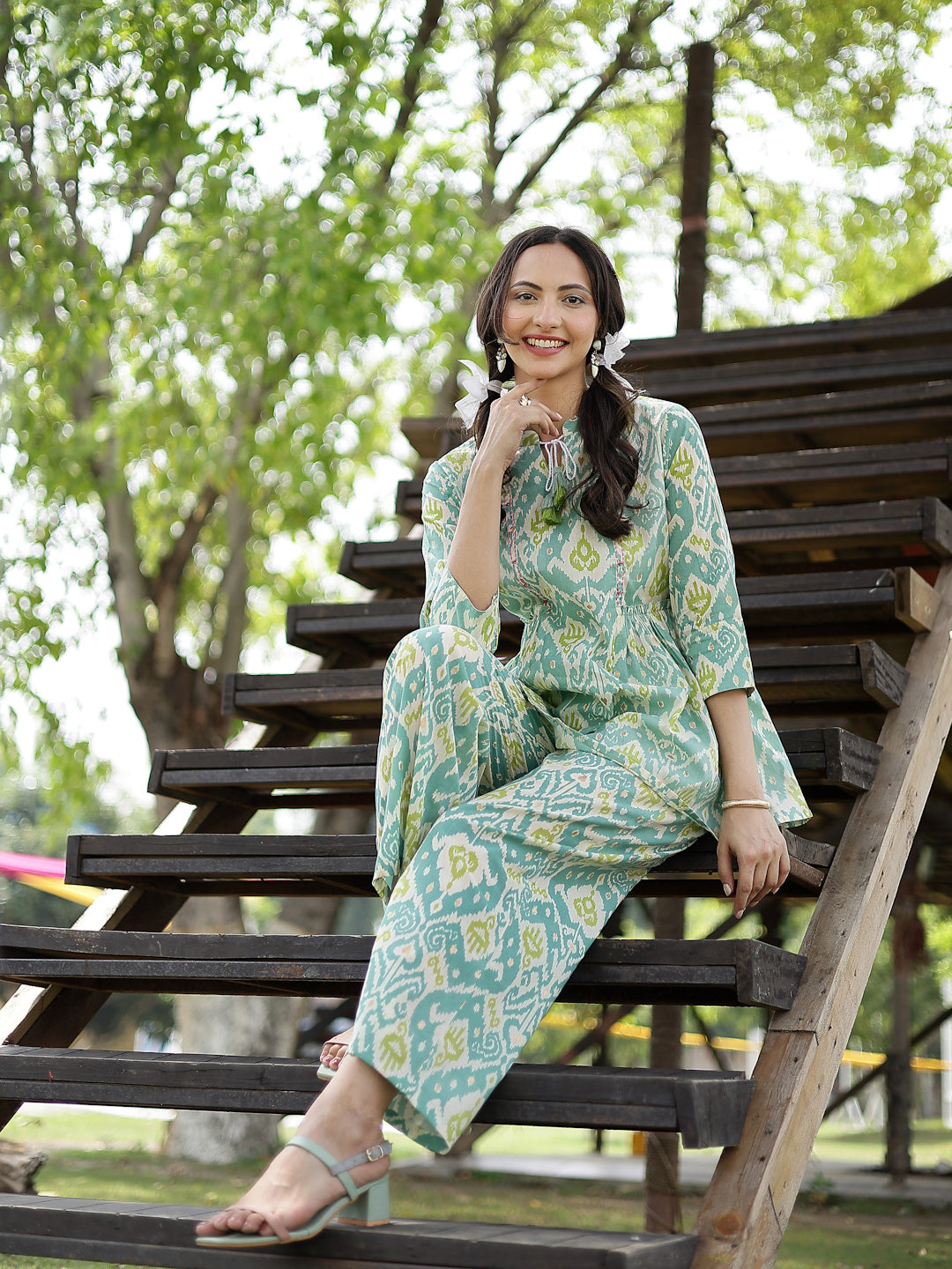 Women's Aqua Ikat Printed Cotton Co-Ord Set (CSAQUAOKIL) | DesiQlo