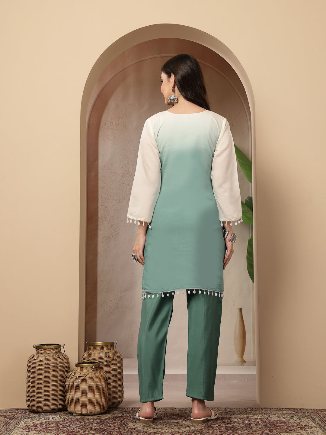 Stylum Women's Aqua Solid & Mirror Work Silk Blend Co-Ords Set (CSAQUAPAZER)