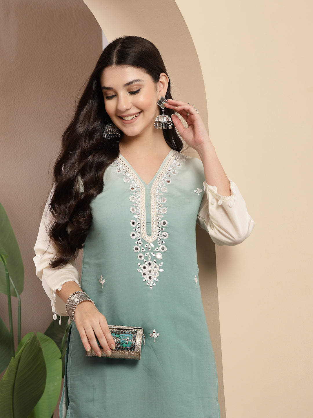 Stylum Women's Aqua Solid & Mirror Work Silk Blend Co-Ords Set (CSAQUAPAZER)