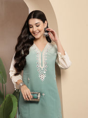 Stylum Women's Aqua Solid & Mirror Work Silk Blend Co-Ords Set (CSAQUAPAZER)