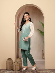 Stylum Women's Aqua Solid & Mirror Work Silk Blend Co-Ords Set (CSAQUAPAZER)
