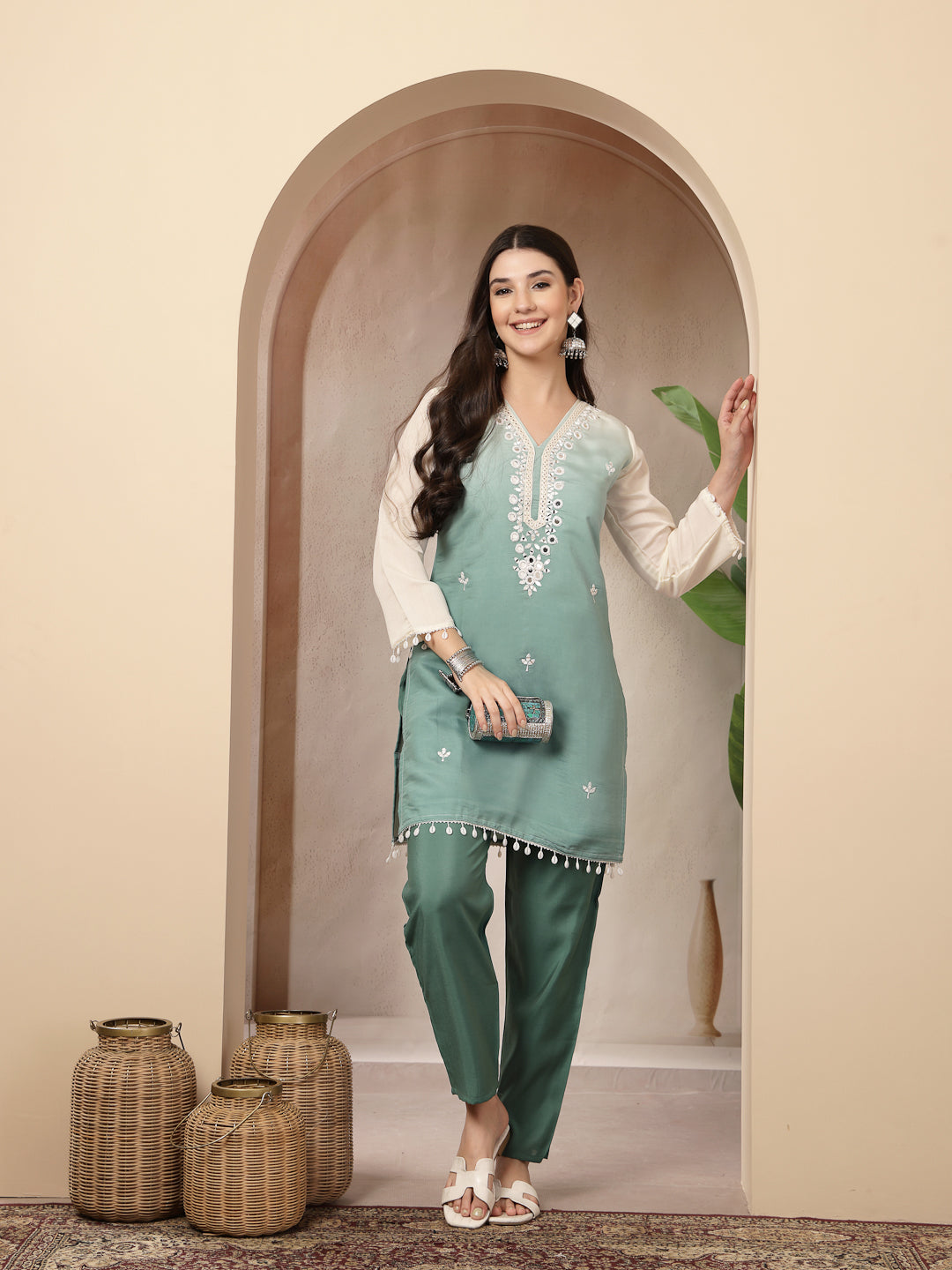 Stylum Women's Aqua Solid & Mirror Work Silk Blend Co-Ords Set (CSAQUAPAZER)
