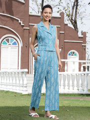 Stylum Women's Aqua Geomatric Cotton Slub Co-Ord Set (CSAQUATUMBA)