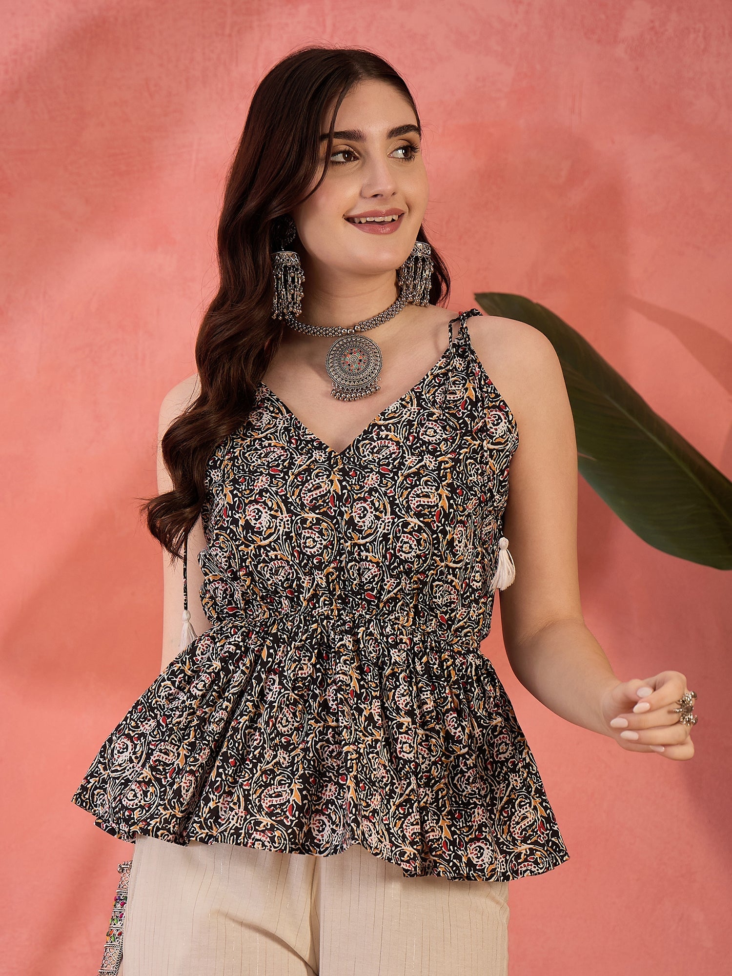 Women's Black Floral Printed Cotton Co-Ord Set (CSBLACKBON) | DesiQlo