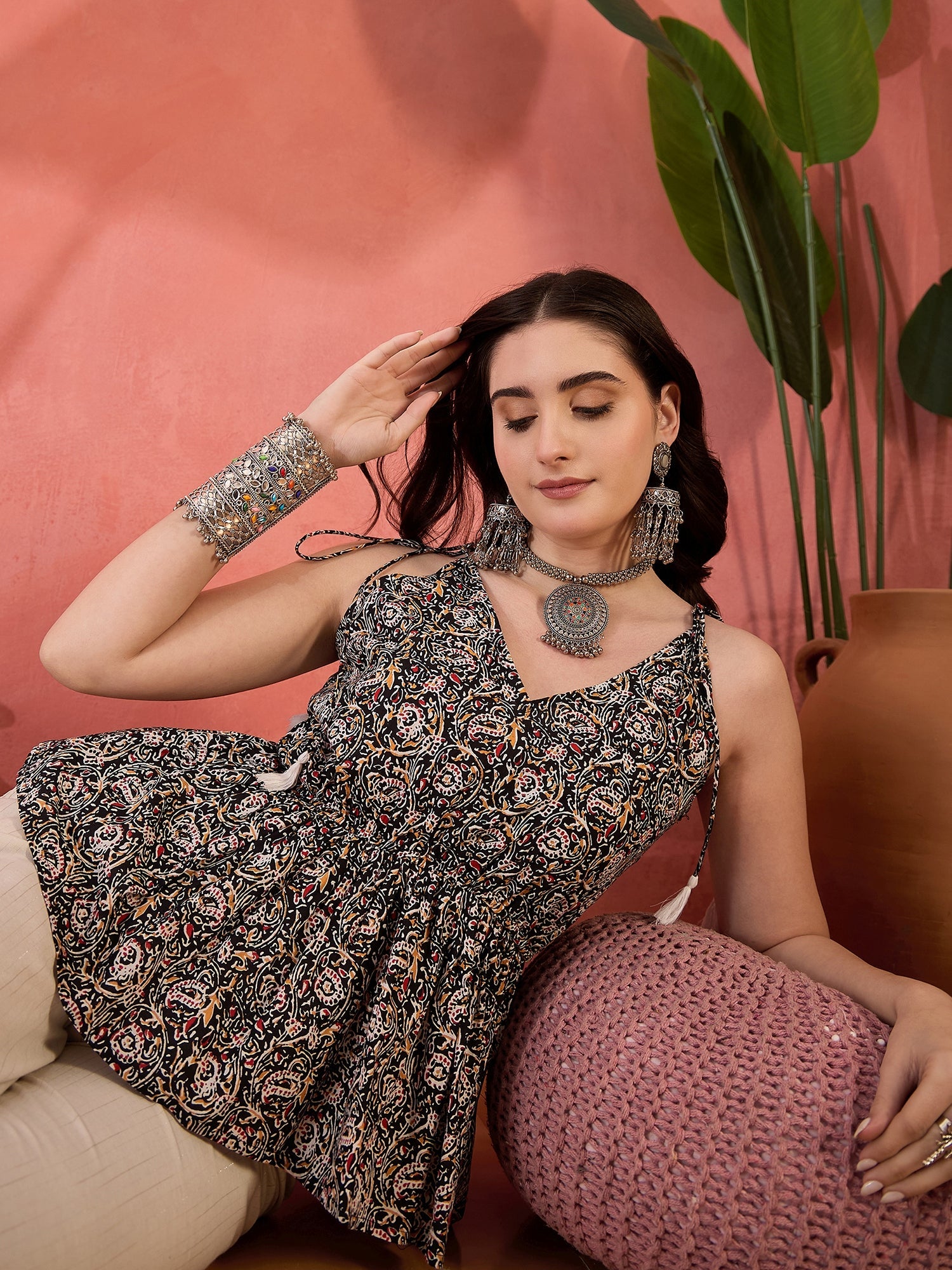 Women's Black Floral Printed Cotton Co-Ord Set (CSBLACKBON) | DesiQlo