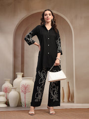 Stylum Women's Black Solid & Embroidered Rayon Co-Ord Set (CSBLACKFOLL)