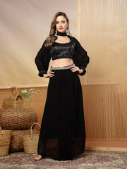 Stylum Women's Black Solid & Embroidered Georgette Co-Ords Set (CSBLACKLOFT)