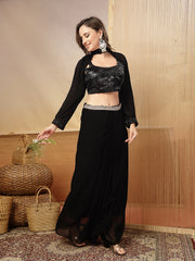 Stylum Women's Black Solid & Embroidered Georgette Co-Ords Set (CSBLACKLOFT)
