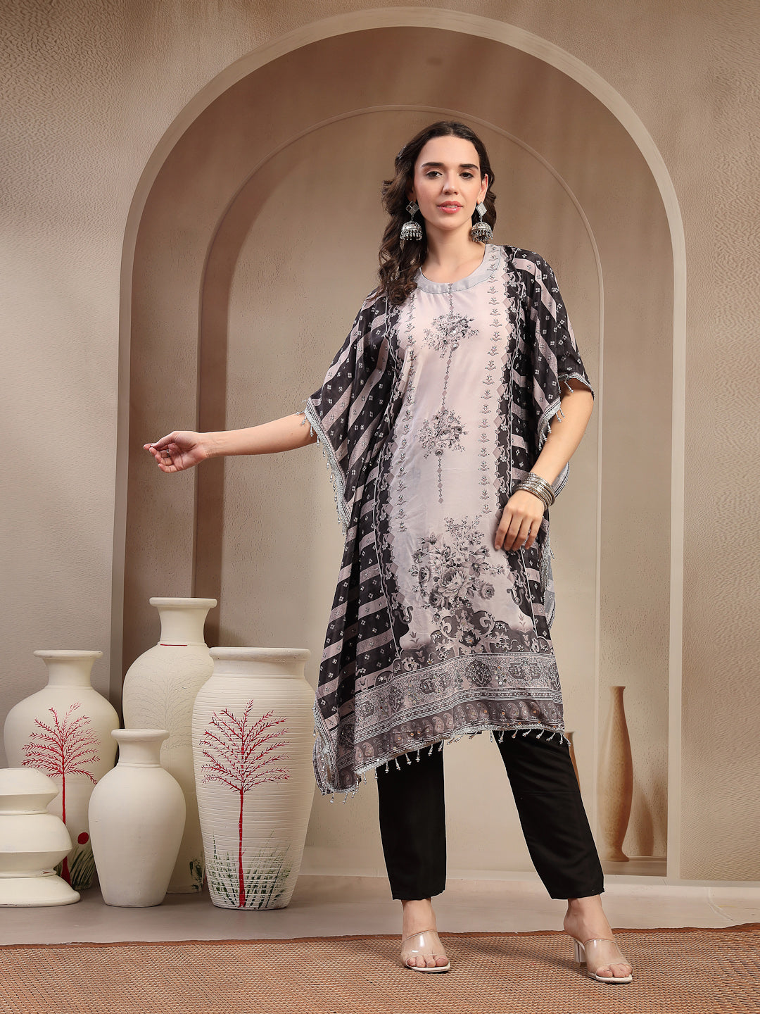 Women's Black Mirror Work Printed Silk Blend Co-Ord Set (CSBLACKMARRY)