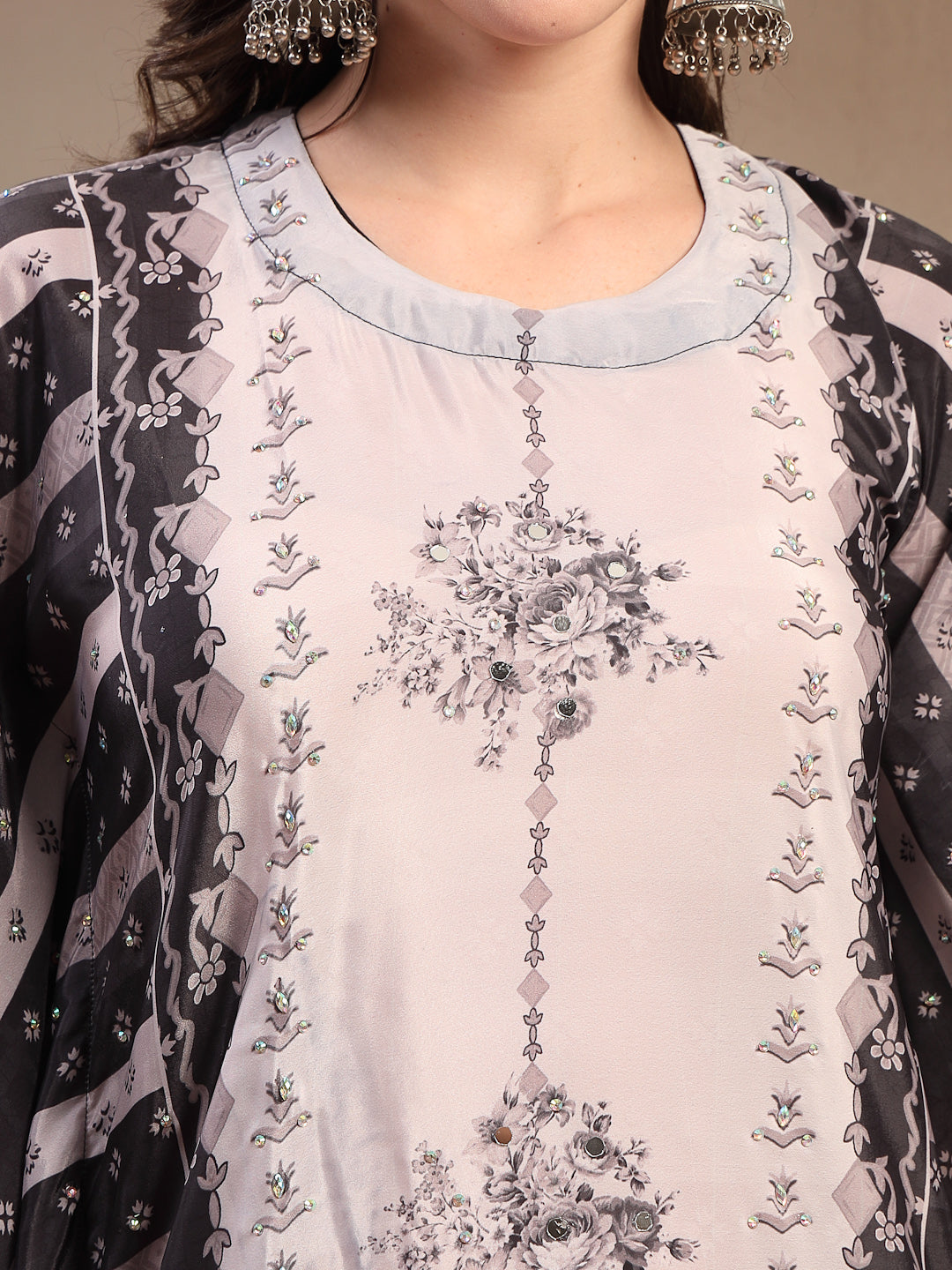 Women's Black Mirror Work Printed Silk Blend Co-Ord Set (CSBLACKMARRY)