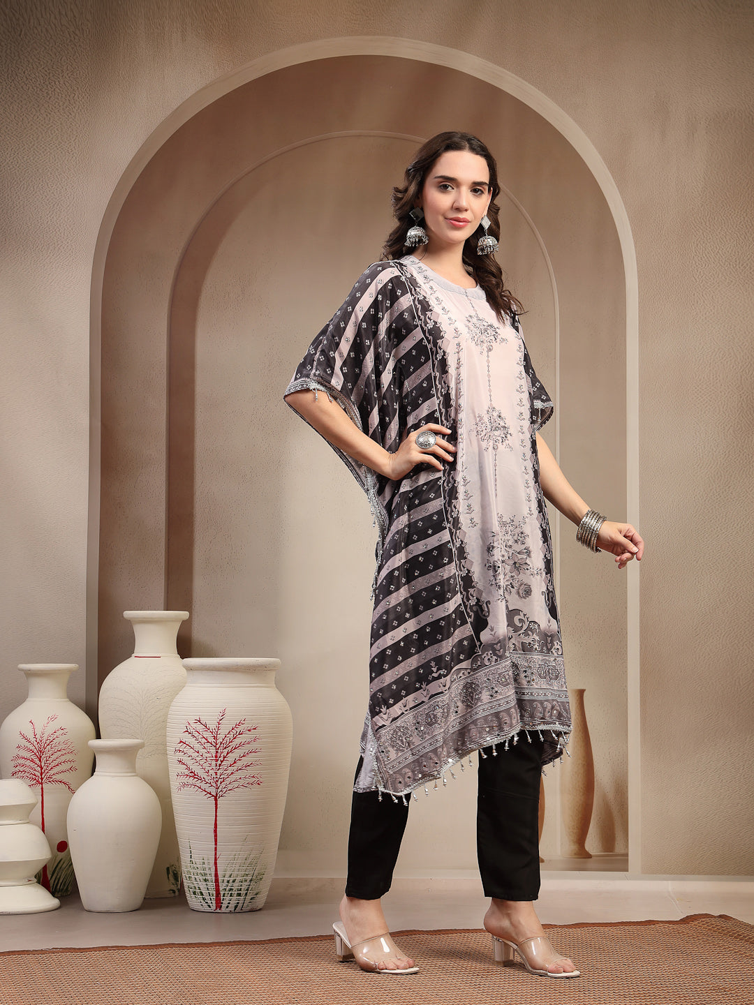 Women's Black Mirror Work Printed Silk Blend Co-Ord Set (CSBLACKMARRY)