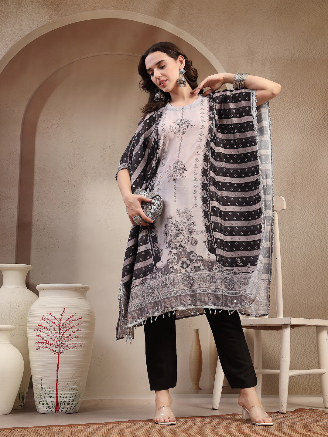Women's Black Mirror Work Printed Silk Blend Co-Ord Set (CSBLACKMARRY)