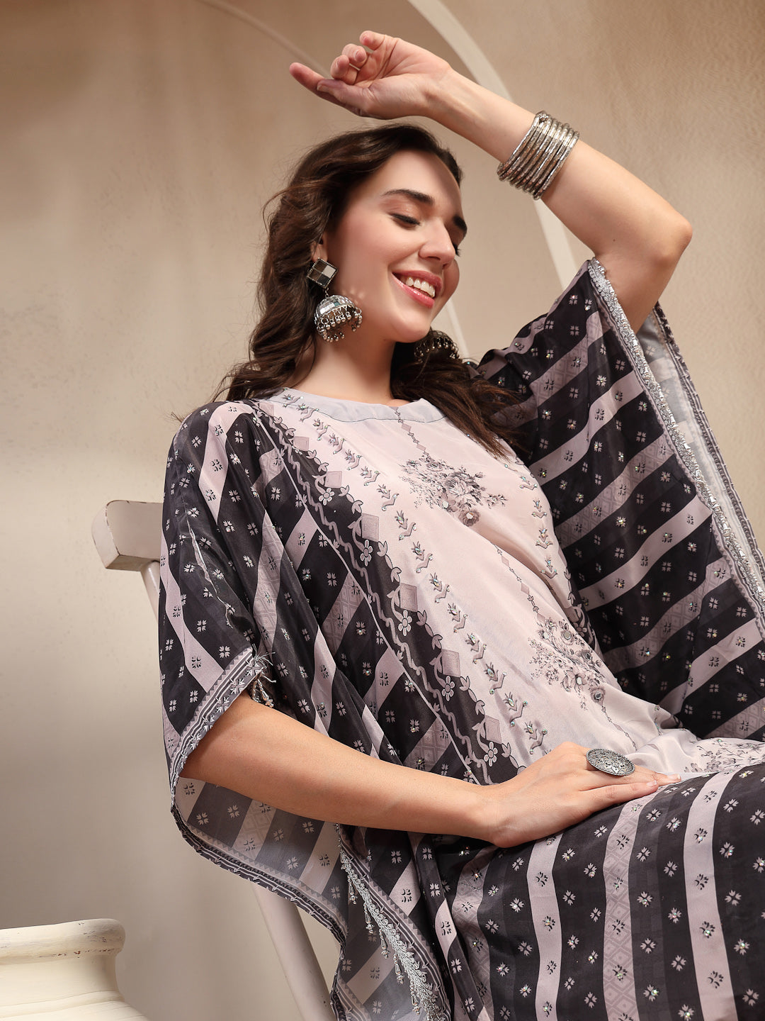Women's Black Mirror Work Printed Silk Blend Co-Ord Set (CSBLACKMARRY)