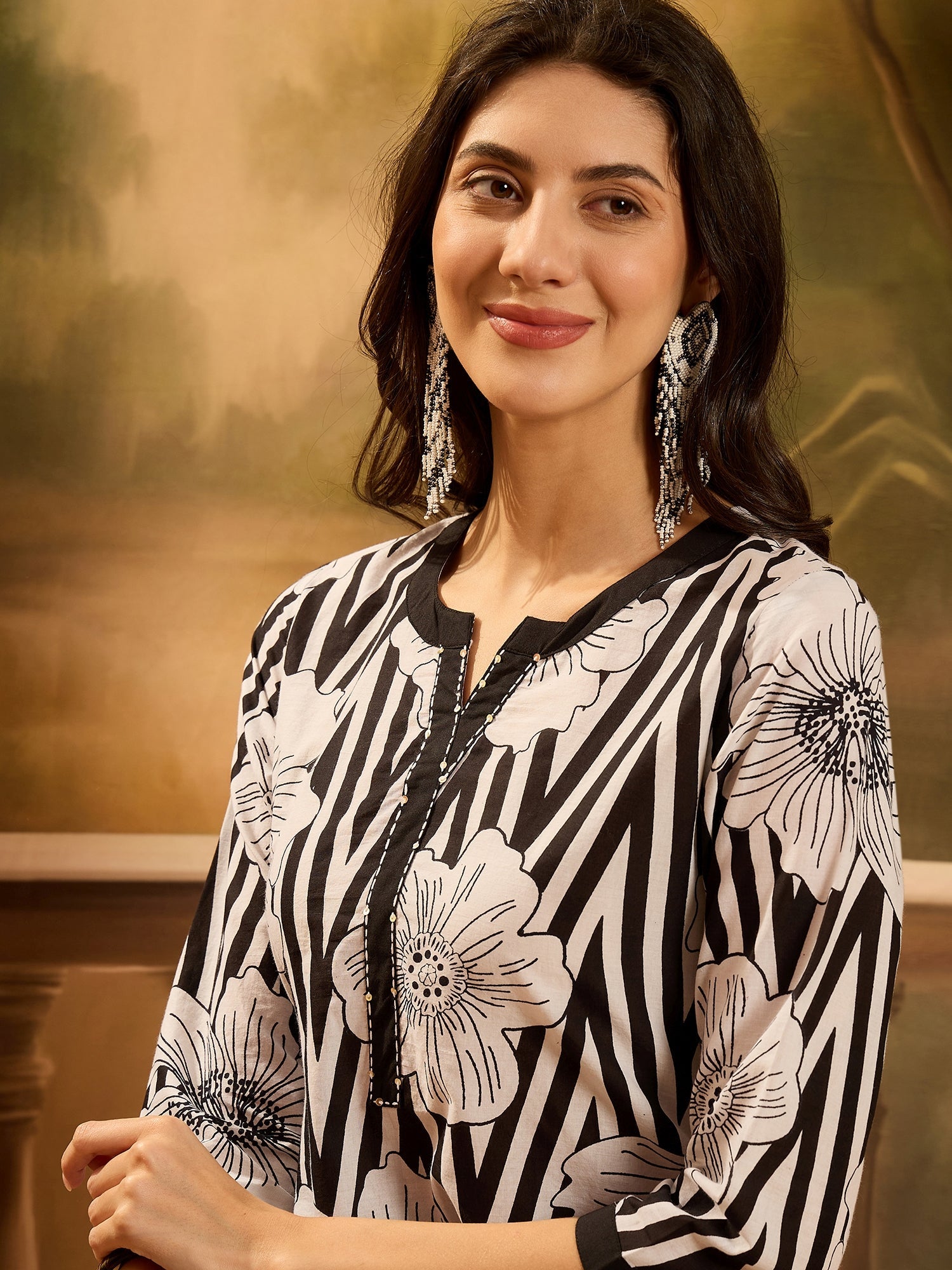 Women's Black Striped & Floral Printed Cotton Co-ord Set (CSBLACKNORBU