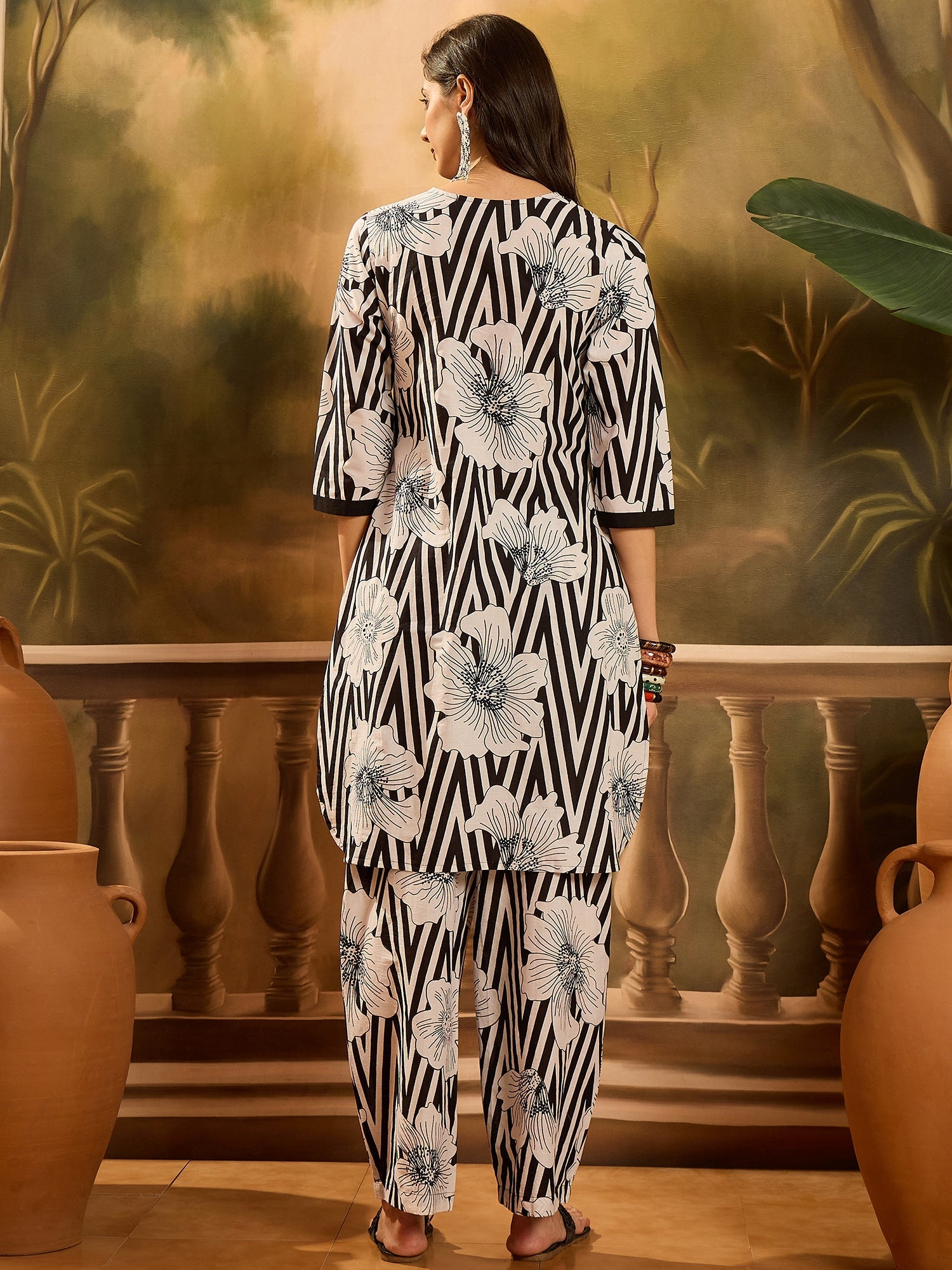 Women's Black Striped & Floral Printed Cotton Co-ord Set (CSBLACKNORBU