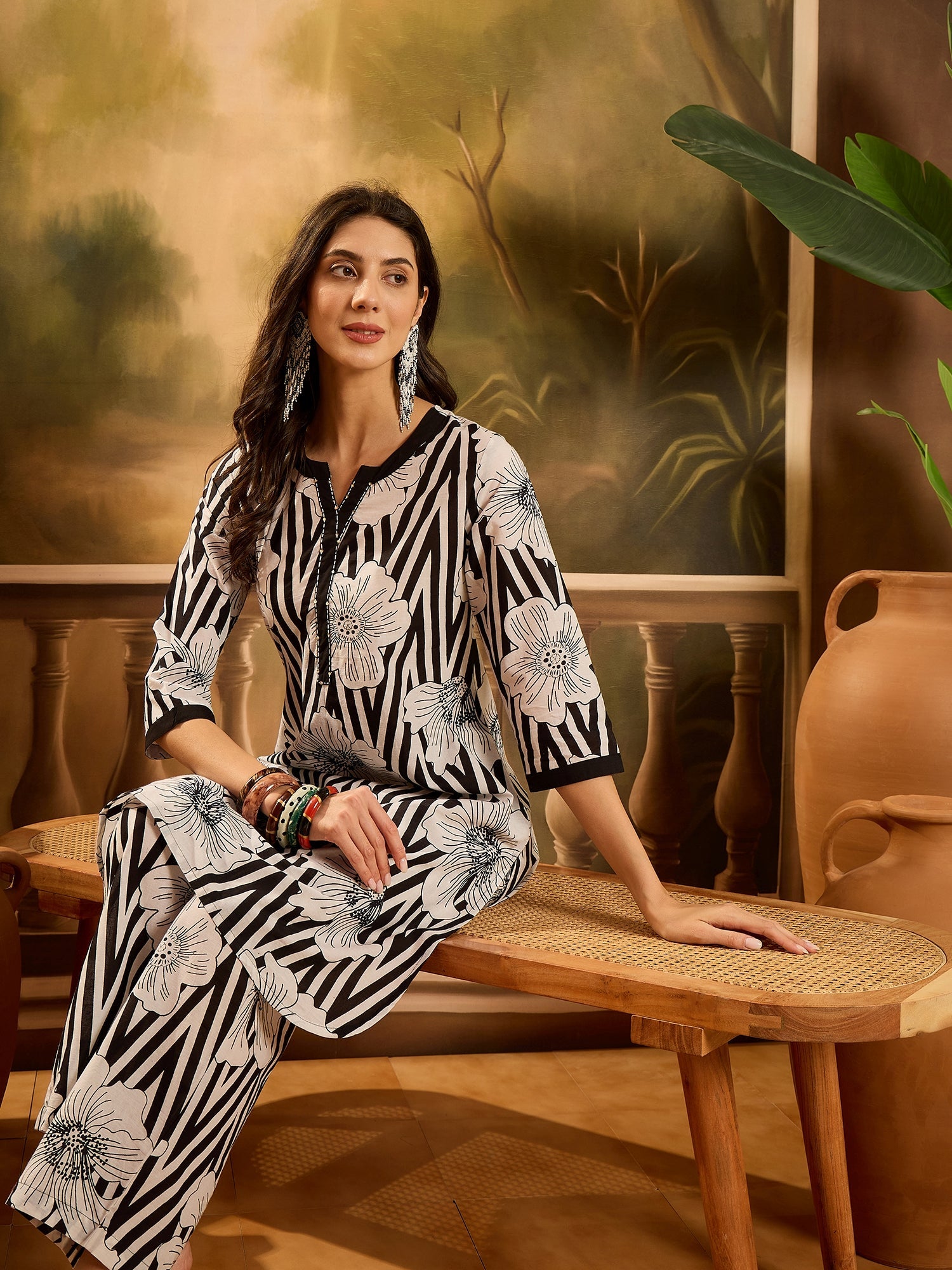 Women's Black Striped & Floral Printed Cotton Co-ord Set (CSBLACKNORBU