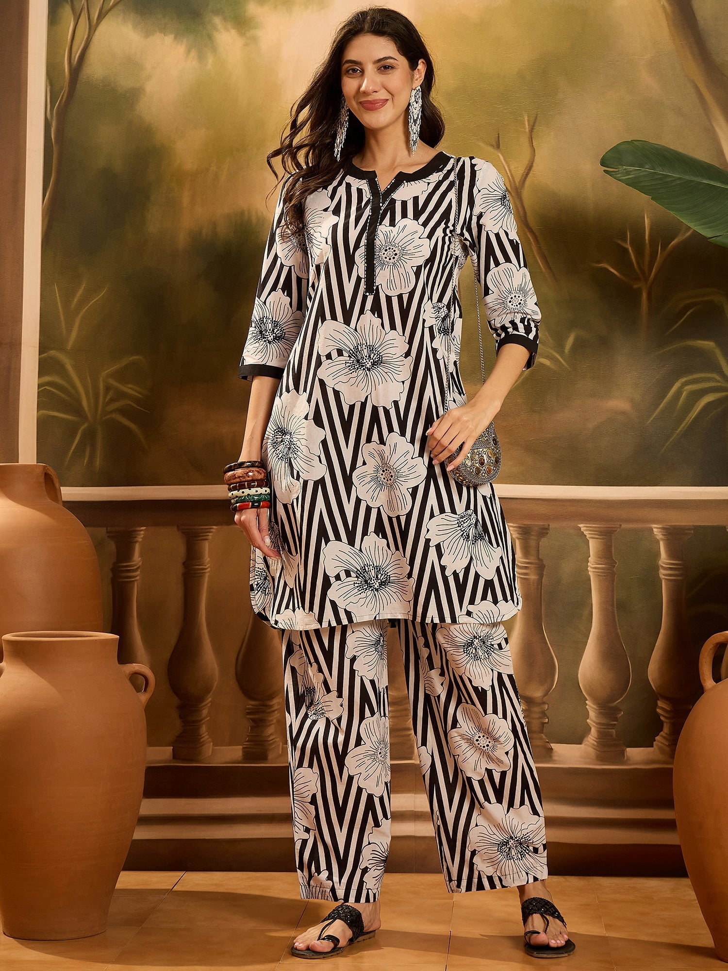 Women's Black Striped & Floral Printed Cotton Co-ord Set (CSBLACKNORBU