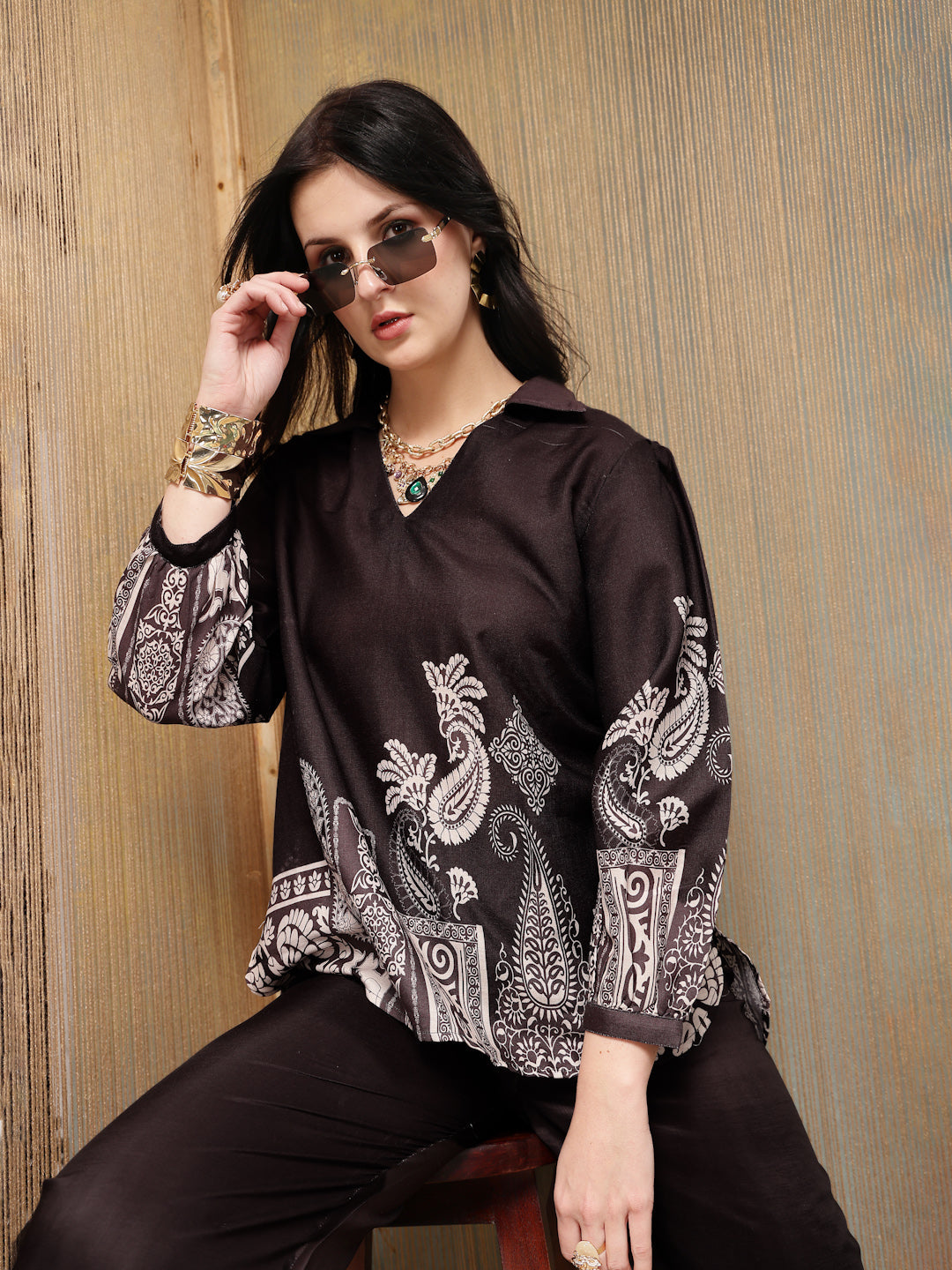 Women's Black Paisley Digital Printed Rayon High Low Co-Ord Set (CSBLA