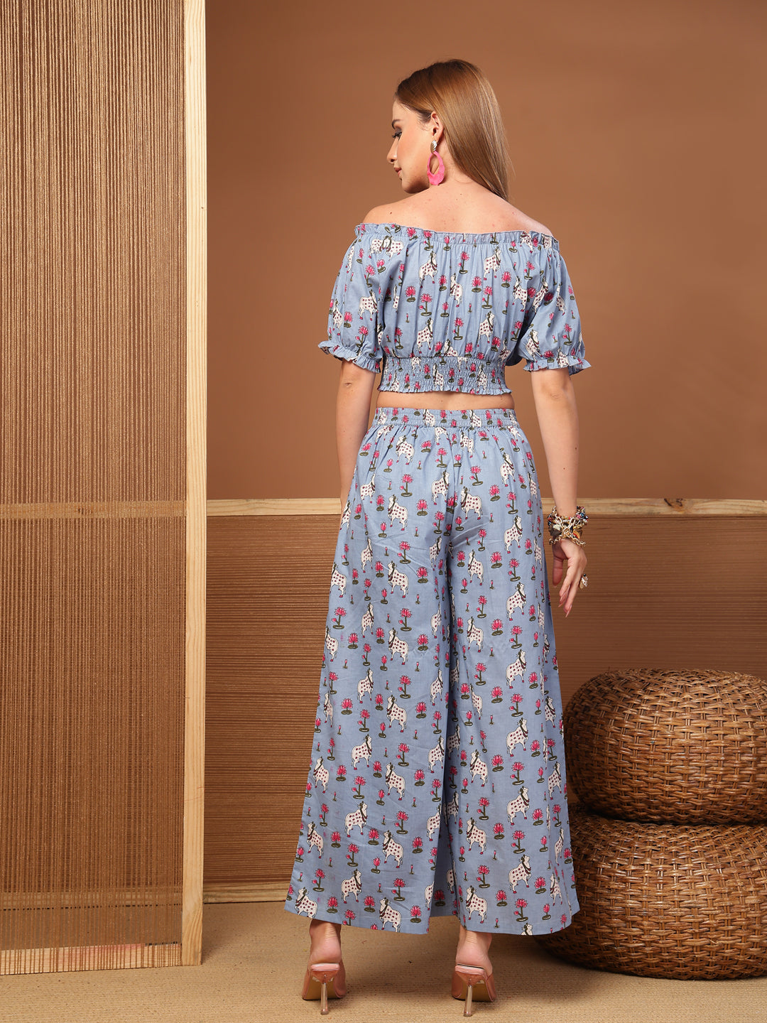 Women's Blue Animal Printed Cotton Co-Ord Set (CSBLUEKALAM) | DesiQlo